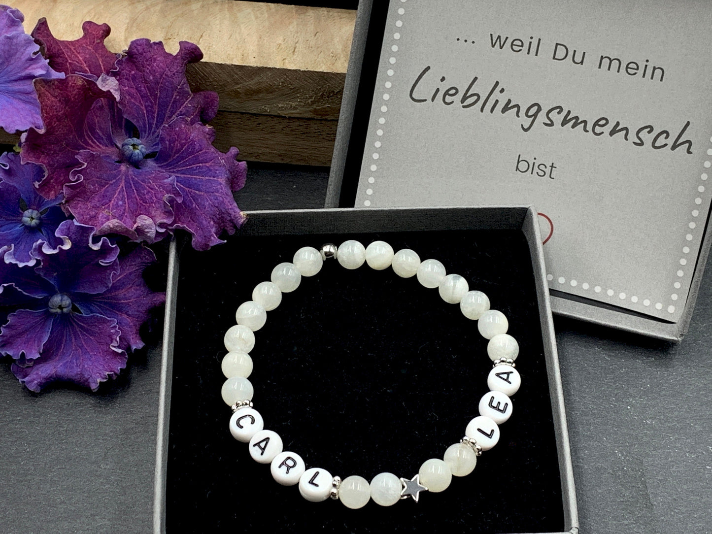 Perlenarmband Mondstein - Kindernamen - Stern echt Platiniert - Geschenk für Mama Oma Patin - Turmalin Rhodonit Apatit uvm. - alle Größen
