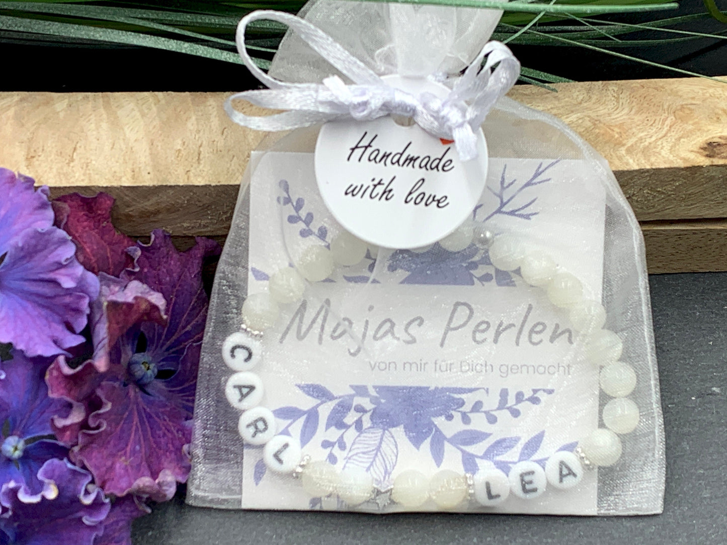 Perlenarmband Mondstein - Kindernamen - Stern echt Platiniert - Geschenk für Mama Oma Patin - Turmalin Rhodonit Apatit uvm. - alle Größen