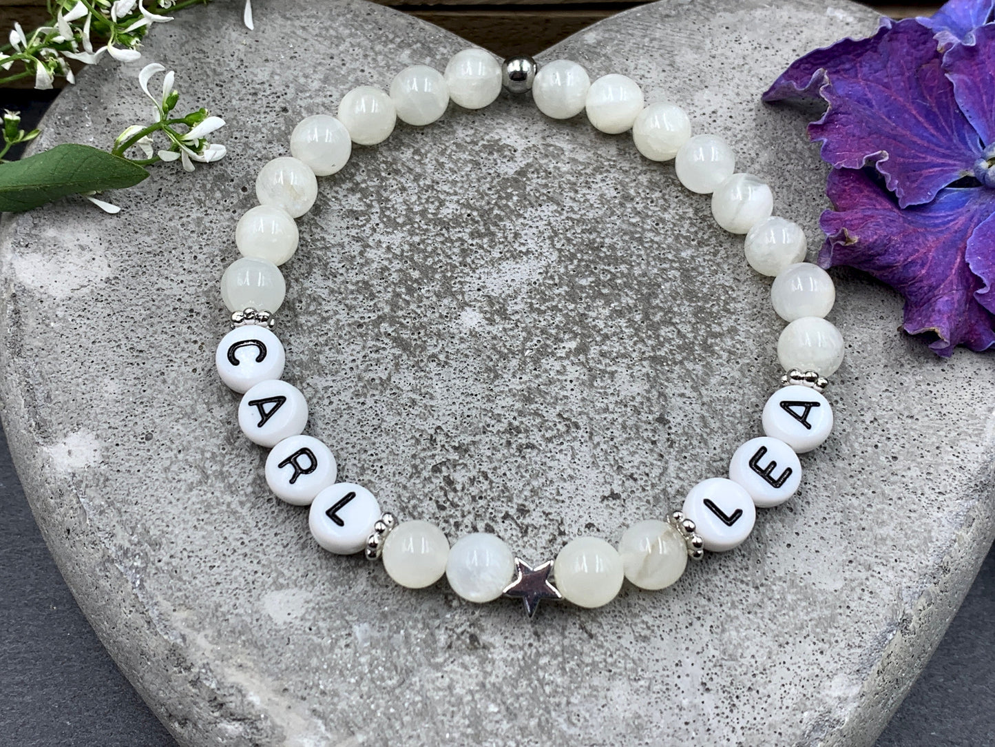 Perlenarmband Mondstein - Kindernamen - Stern echt Platiniert - Geschenk für Mama Oma Patin - Turmalin Rhodonit Apatit uvm. - alle Größen