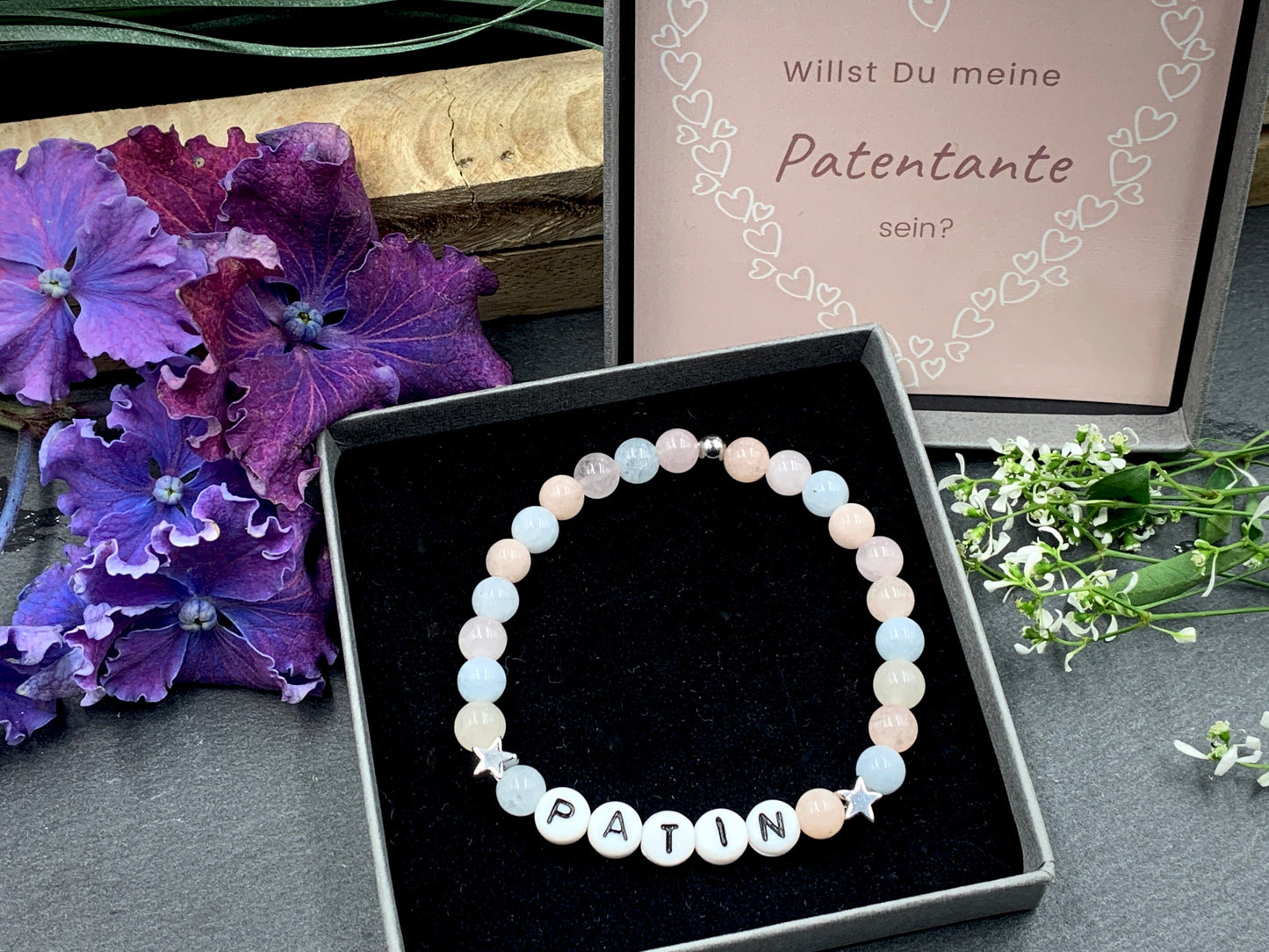Armband Patin Morganit platinierte Sterne Wunschedelstein Mondstein Turmalin uvm - Taufgeschenk Patentante fragen - personalisierbar