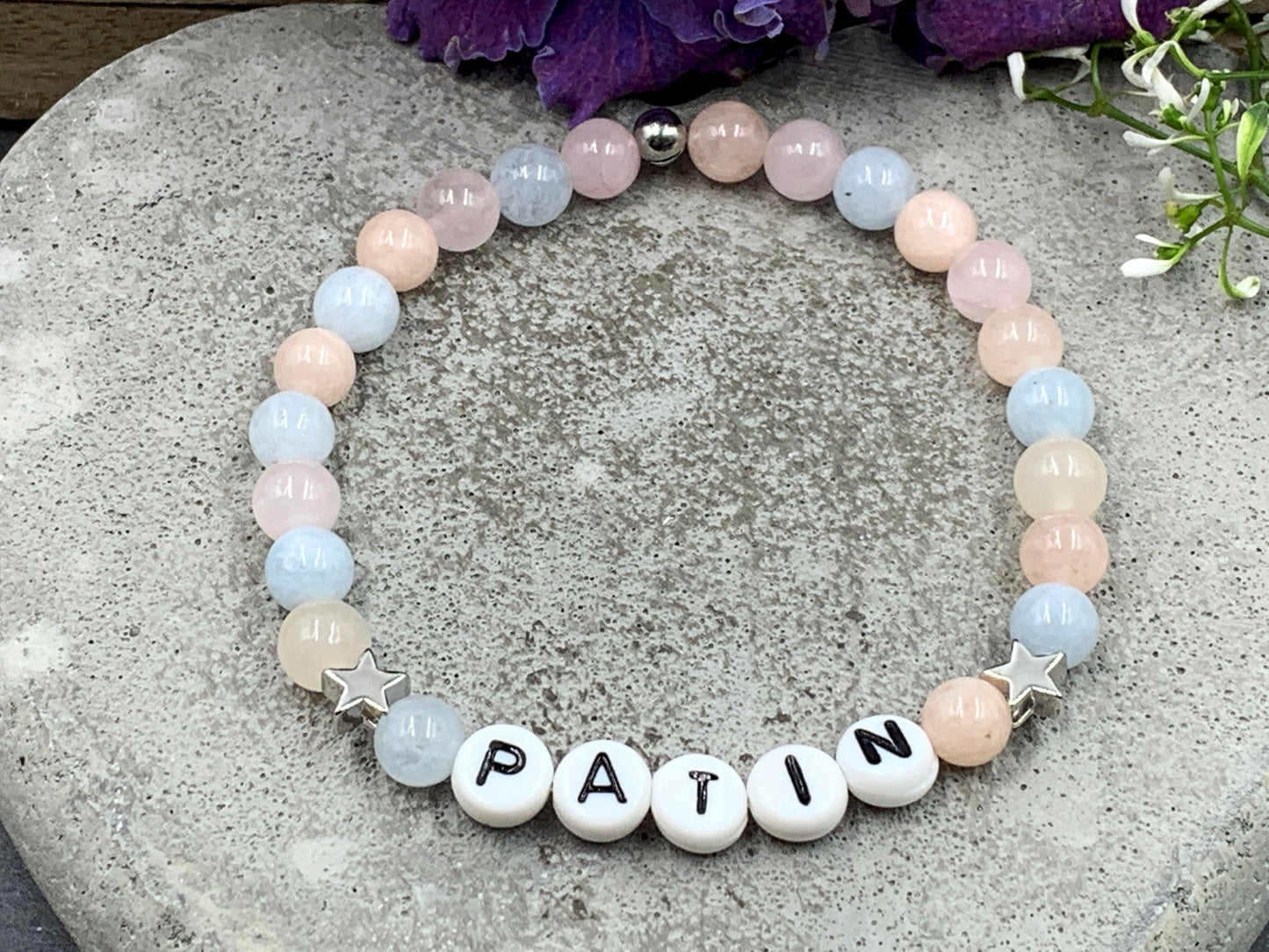 Armband Patin Morganit platinierte Sterne Wunschedelstein Mondstein Turmalin uvm - Taufgeschenk Patentante fragen - personalisierbar