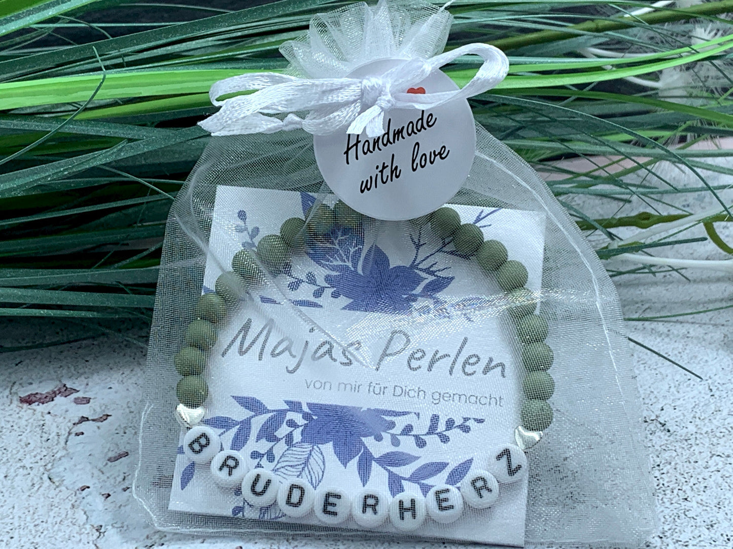 Armband Bruderherz Oliv Acryl mit Herz - Perlenarmband Schwesterherz Geschenk Großer Bruder Kleiner Bruder - viele Farben - personalisierbar