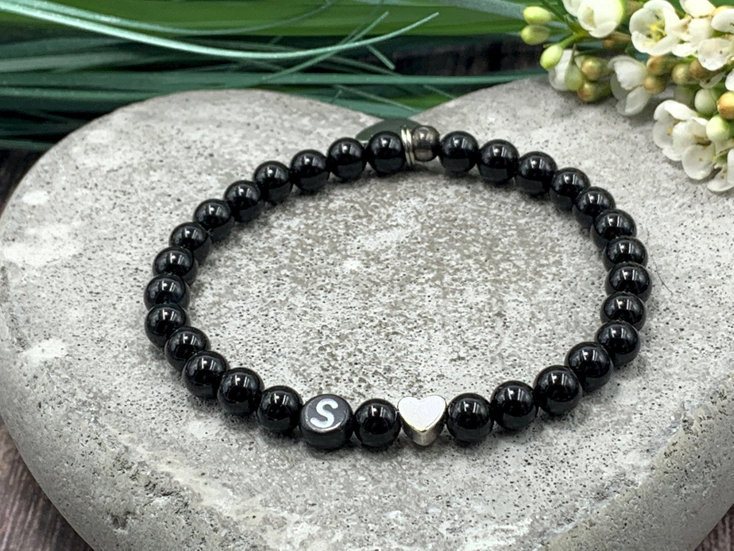 Armband Initialen Turmalin echt Naturperlen Herz Platiniert - Namensarmband Geschenk Mama Geburt Freundin Lieblingsmensch - personalisierbar