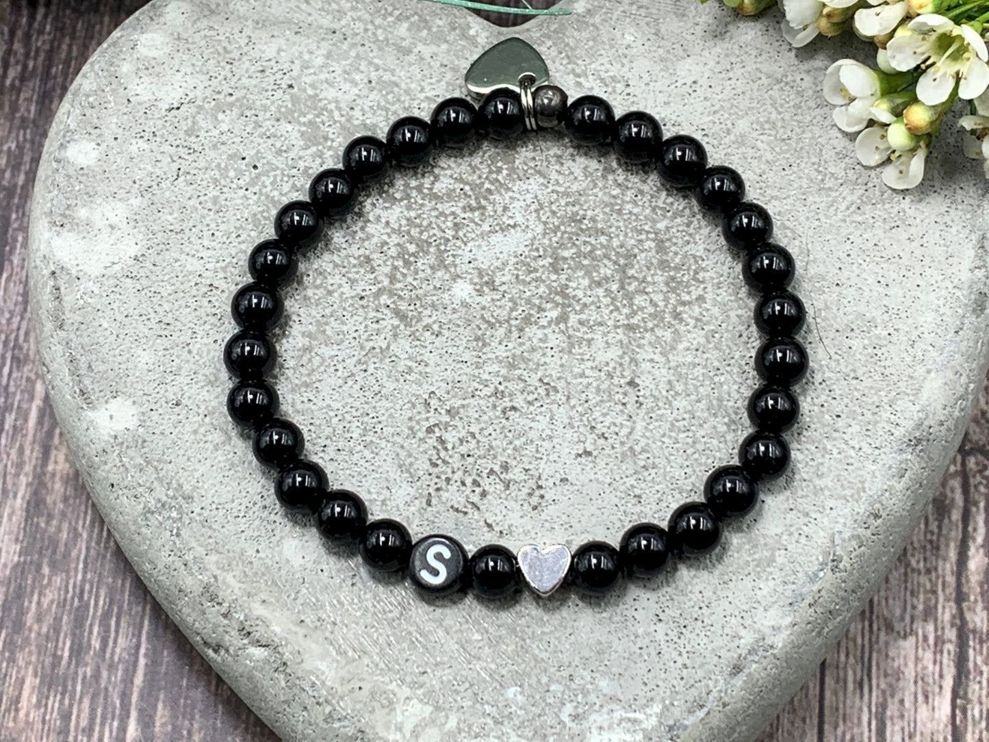 Armband Initialen Turmalin echt Naturperlen Herz Platiniert - Namensarmband Geschenk Mama Geburt Freundin Lieblingsmensch - personalisierbar