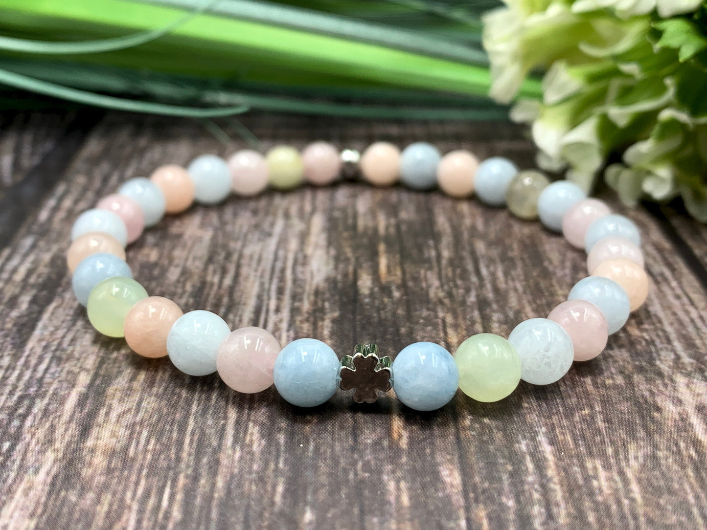 Armband Morganit echter Naturstein - Glückskleeperle echt Platiniert - Glücksarmband Geschenk Freundschaft Mama Liebe - personalisierbar