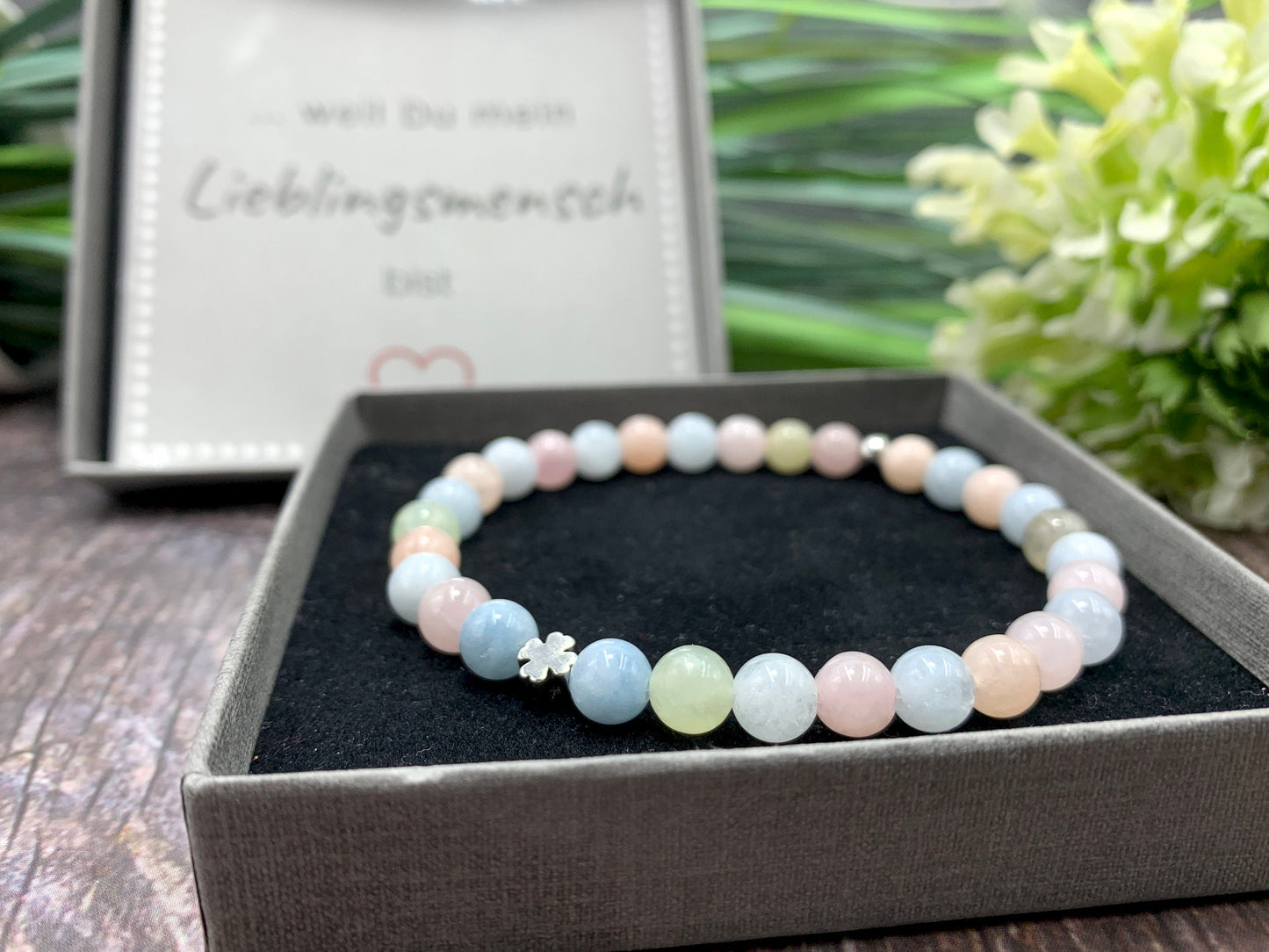 Armband Morganit echter Naturstein - Glückskleeperle echt Platiniert - Glücksarmband Geschenk Freundschaft Mama Liebe - personalisierbar