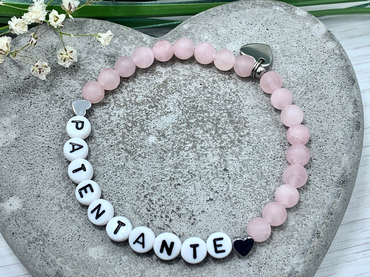Armband Patentante Rosenquarz - Geschenk Patin Taufe Andenken Taufe Taufgeschenk Perlenarmband Patenschaft - personalisierbar