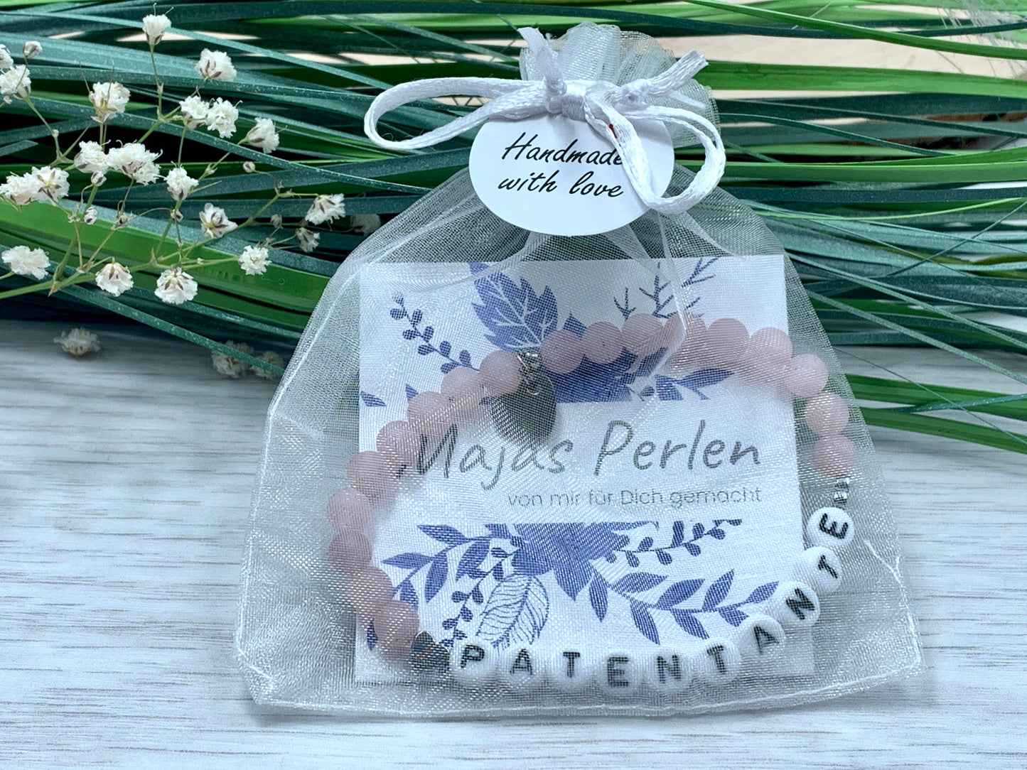 Armband Patentante Rosenquarz - Geschenk Patin Taufe Andenken Taufe Taufgeschenk Perlenarmband Patenschaft - personalisierbar