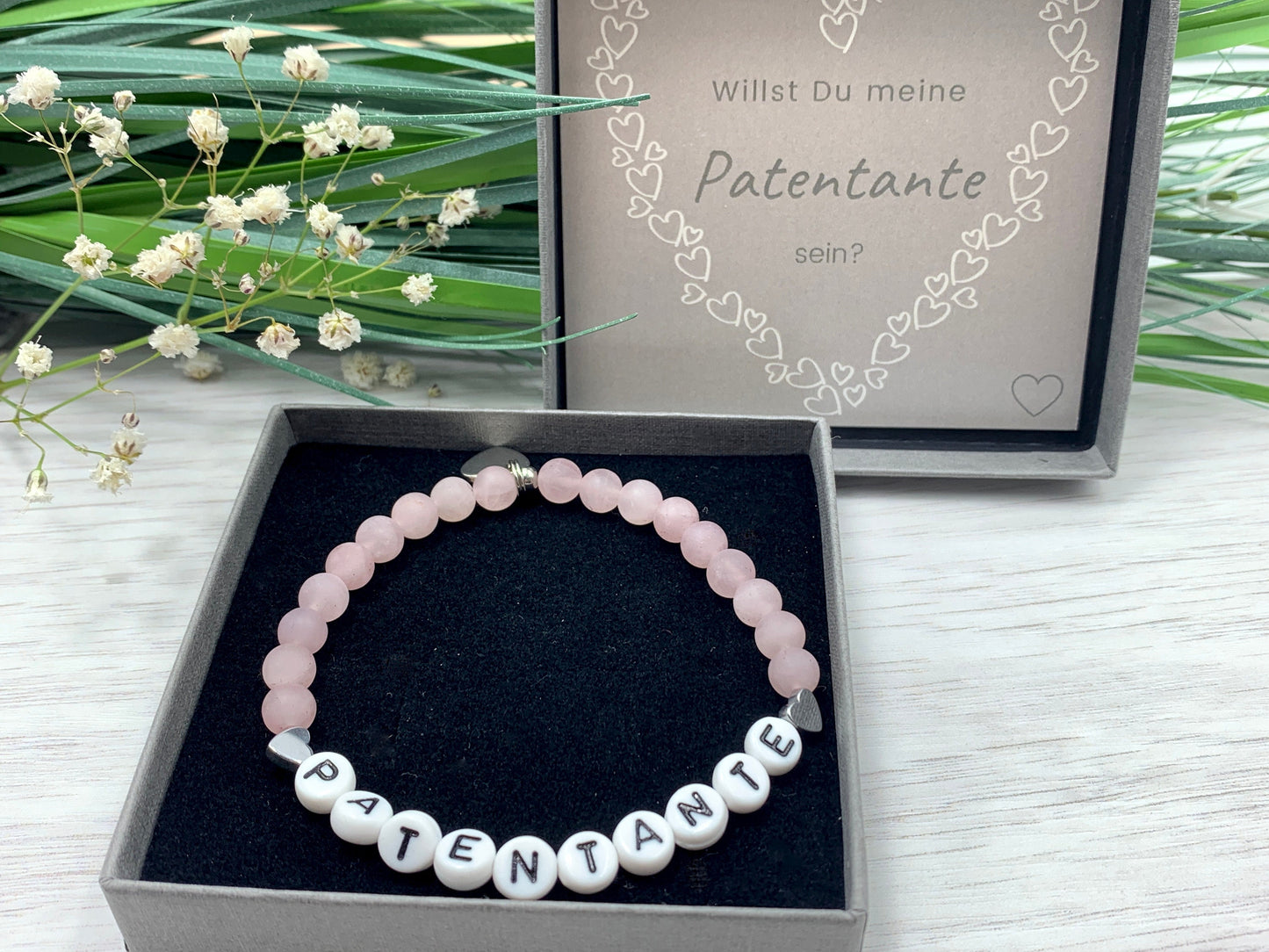 Armband Patentante Rosenquarz - Geschenk Patin Taufe Andenken Taufe Taufgeschenk Perlenarmband Patenschaft - personalisierbar