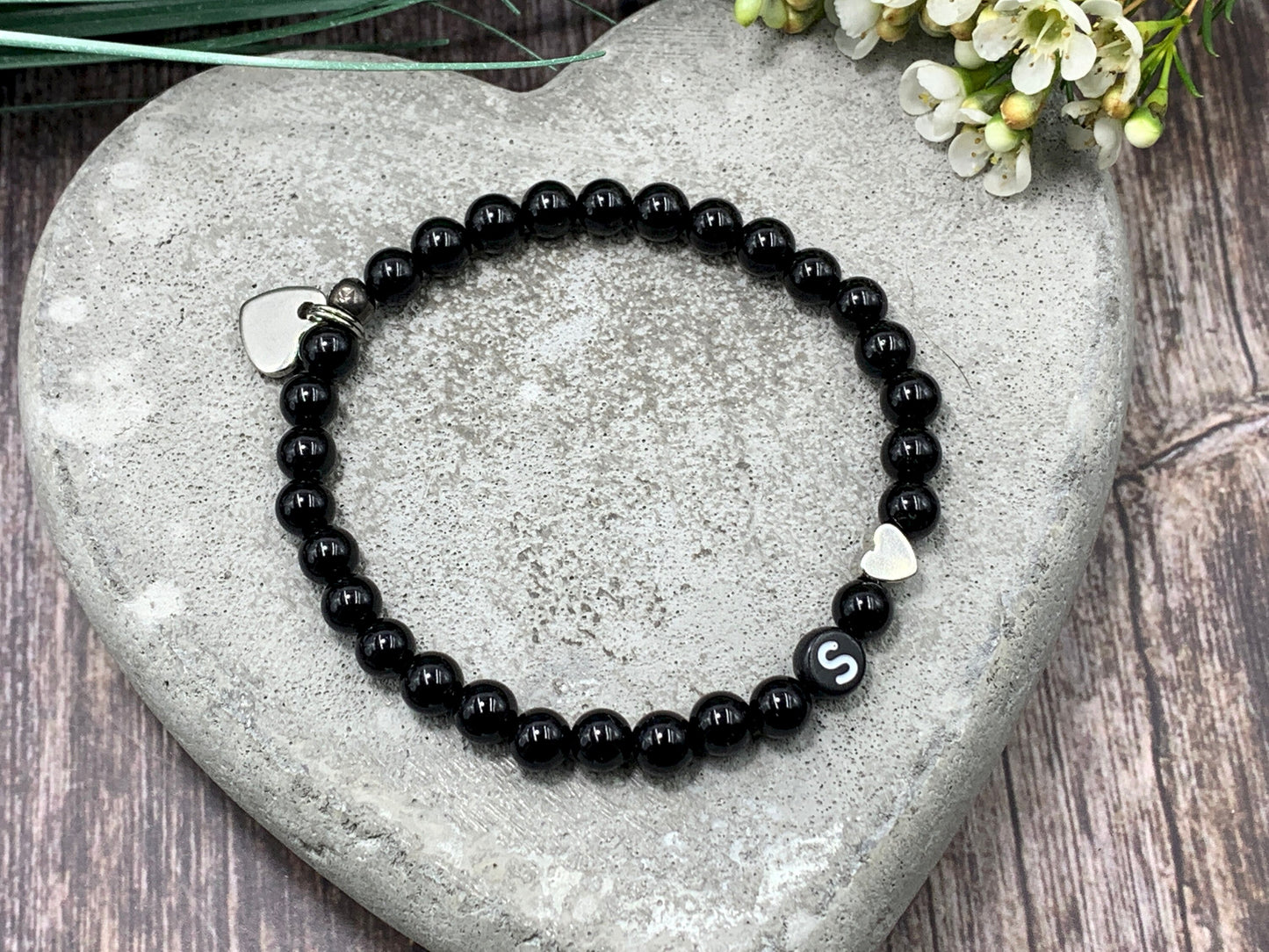 Armband Initialen Turmalin echt Naturperlen Herz Platiniert - Namensarmband Geschenk Mama Geburt Freundin Lieblingsmensch - personalisierbar