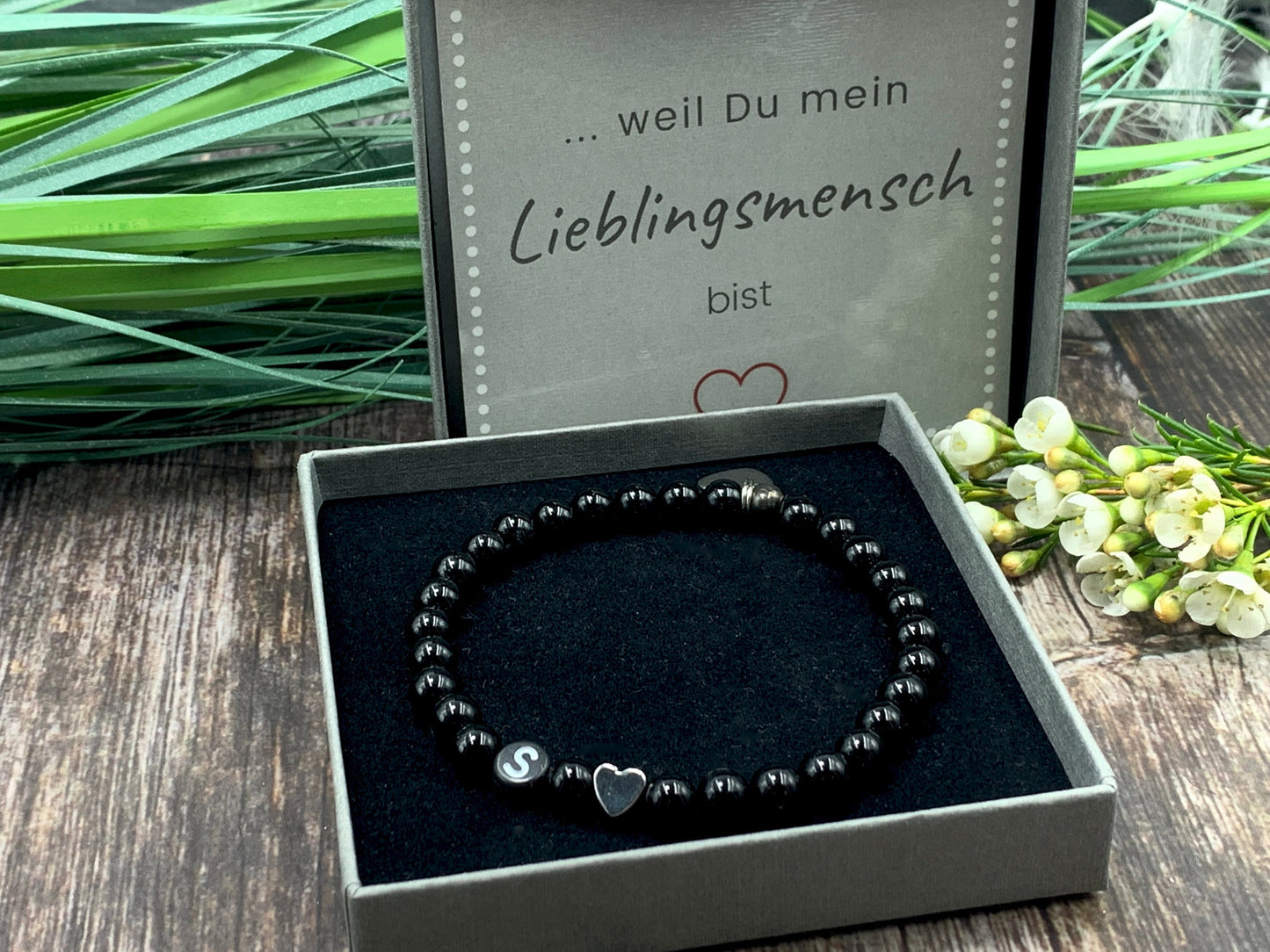 Armband Initialen Turmalin echt Naturperlen Herz Platiniert - Namensarmband Geschenk Mama Geburt Freundin Lieblingsmensch - personalisierbar