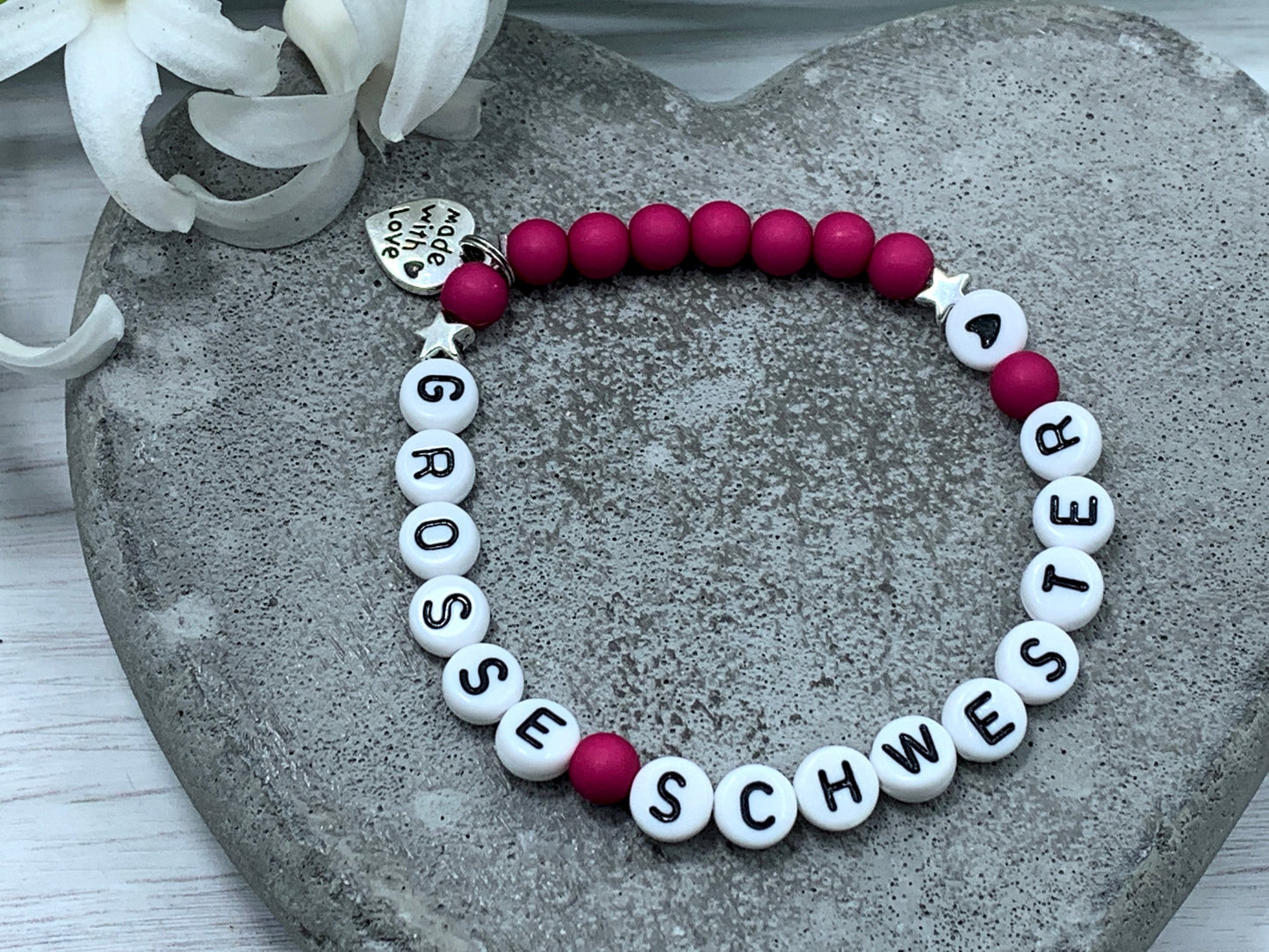 Armband Grosse Schwester Purple Acryl - Geschenk kleine Schwester kleiner Bruder Kinderarmaband mit Namen - Wunschfarbe personalisierbar