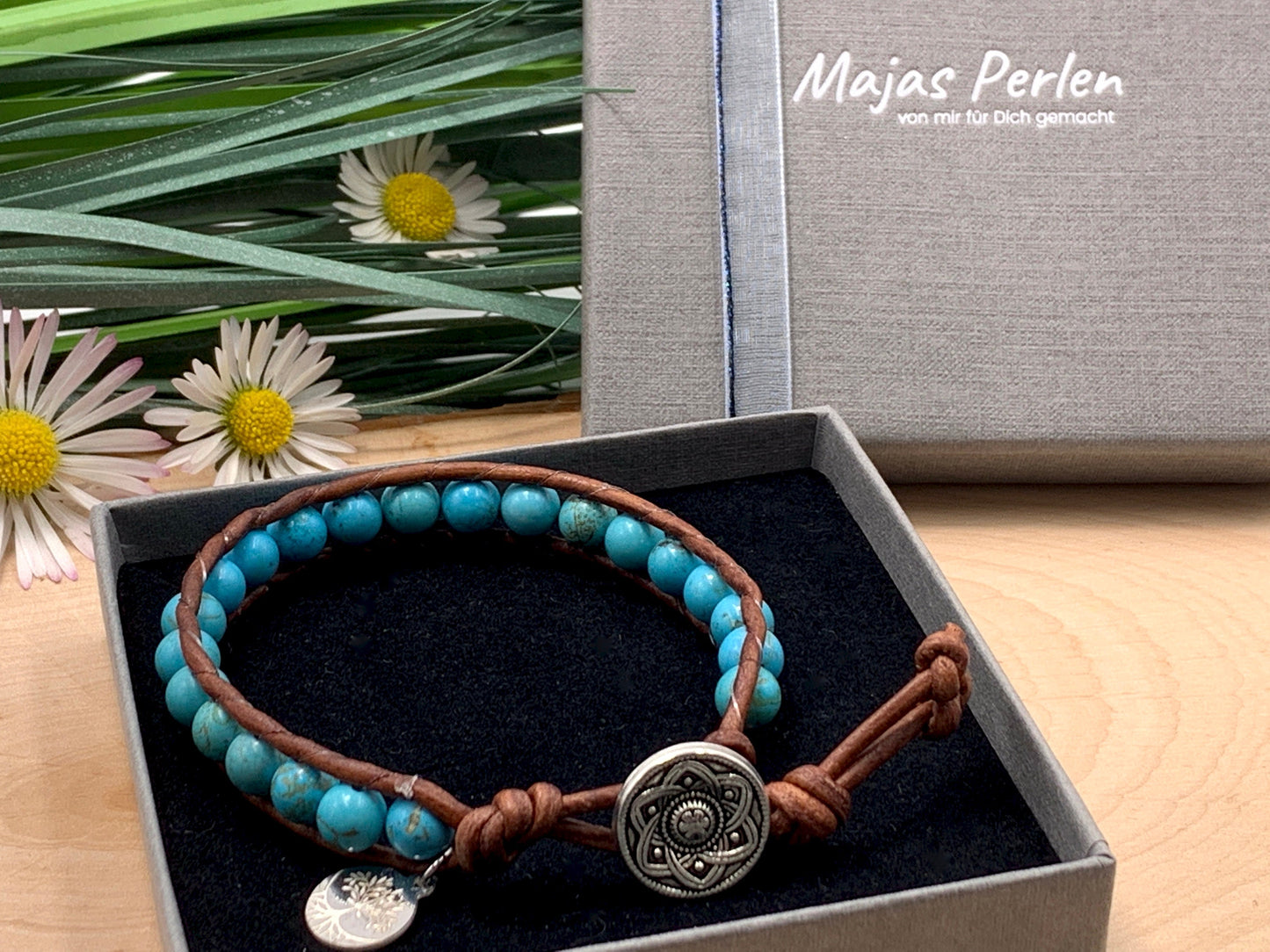 Armband gewickelt Türkis und Leder -Wickelarmband Bohoarmband Lebensbaum - Geschenk Geburtstag Lieblingsmensch - Wunschedelstein