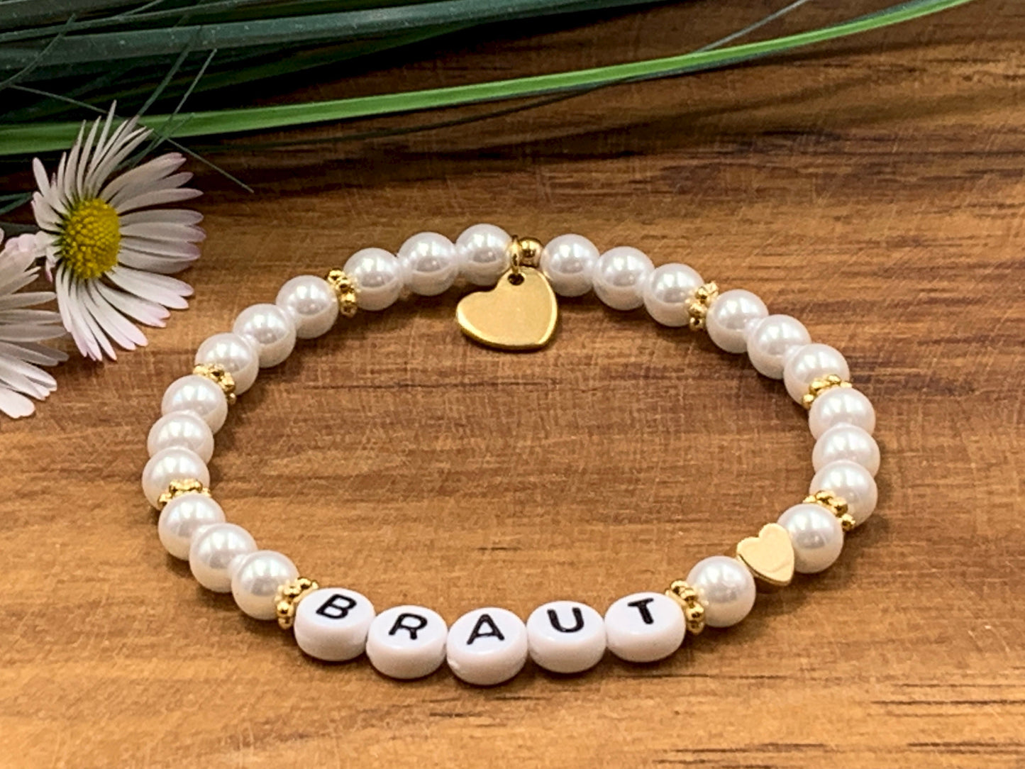 Perlenarmband Braut gewachste Glasperlen Perlmuttimitat Gold - Geschenk Brautmama Brautjungfer Erinnerungsarmband Hochzeit