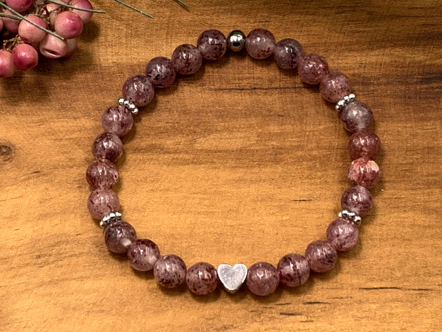 Armband Erdbeerquarz - Herz und Daisyperlen platiniert - Glücksarmband Perlenarmband Naturstein echt - personalisierbar - viele Edelsteine