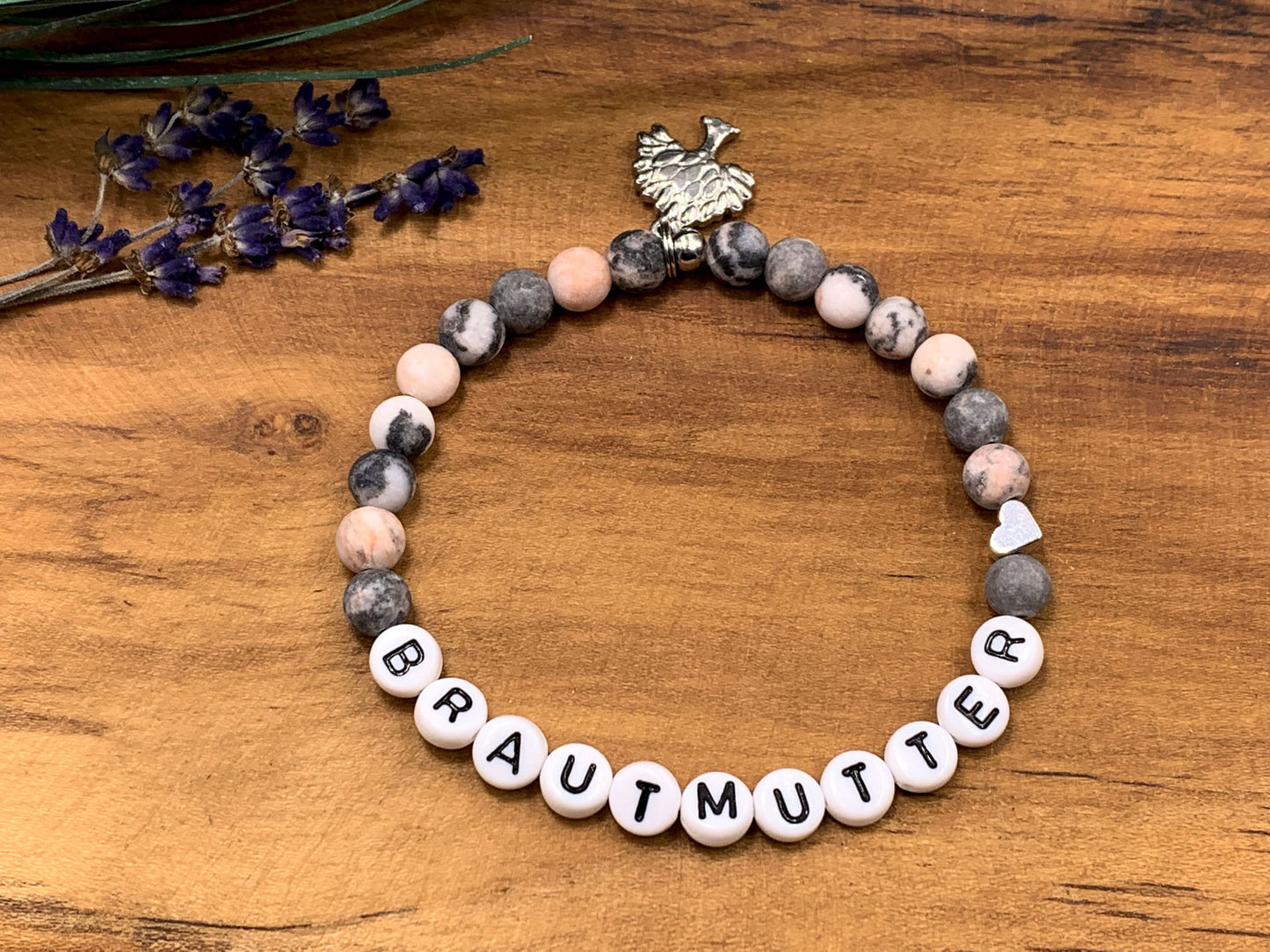 Armband Brautmutter Zebra Jaspis Herz platiniert - Perlenarmband Bräutigammama Brautmama Hochzeit - personalisierbar Edelstein wählbar