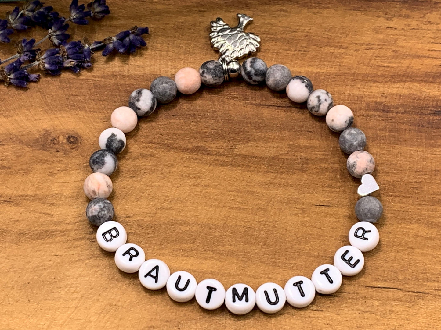Armband Brautmutter Zebra Jaspis Herz platiniert - Perlenarmband Bräutigammama Brautmama Hochzeit - personalisierbar Edelstein wählbar