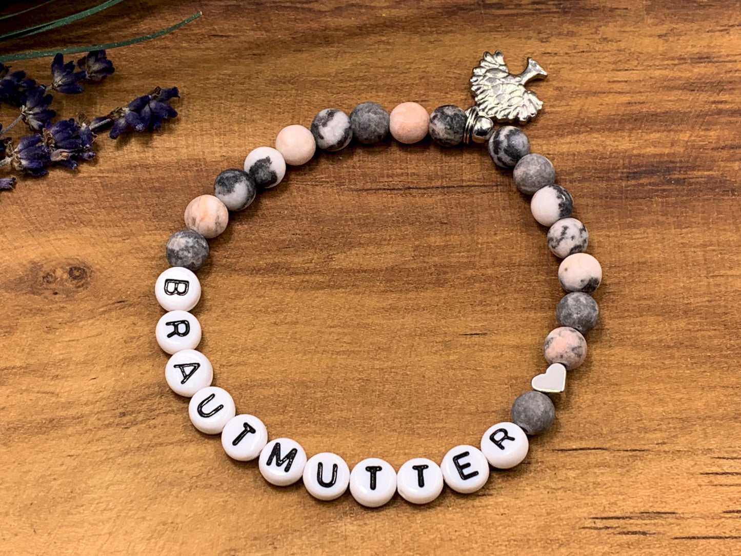 Armband Brautmutter Zebra Jaspis Herz platiniert - Perlenarmband Bräutigammama Brautmama Hochzeit - personalisierbar Edelstein wählbar