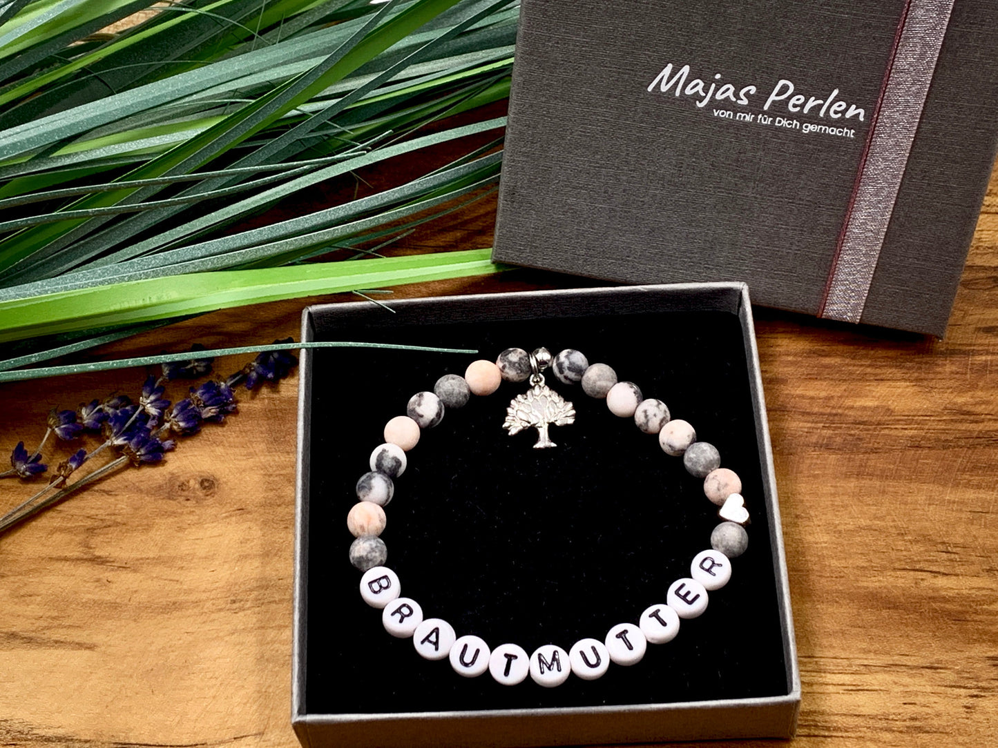 Armband Brautmutter Zebra Jaspis Herz platiniert - Perlenarmband Bräutigammama Brautmama Hochzeit - personalisierbar Edelstein wählbar