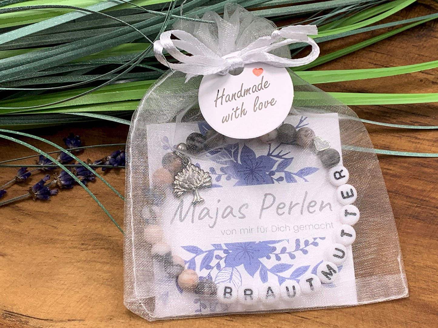 Armband Brautmutter Zebra Jaspis Herz platiniert - Perlenarmband Bräutigammama Brautmama Hochzeit - personalisierbar Edelstein wählbar