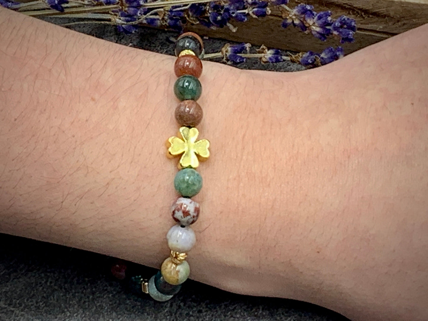 Armband Indischer Achat Glücksklee Messing Vergoldet Makramee - Perlenarmband Natursteine echt - Geschenk Lieblingsmensch beste Freundin