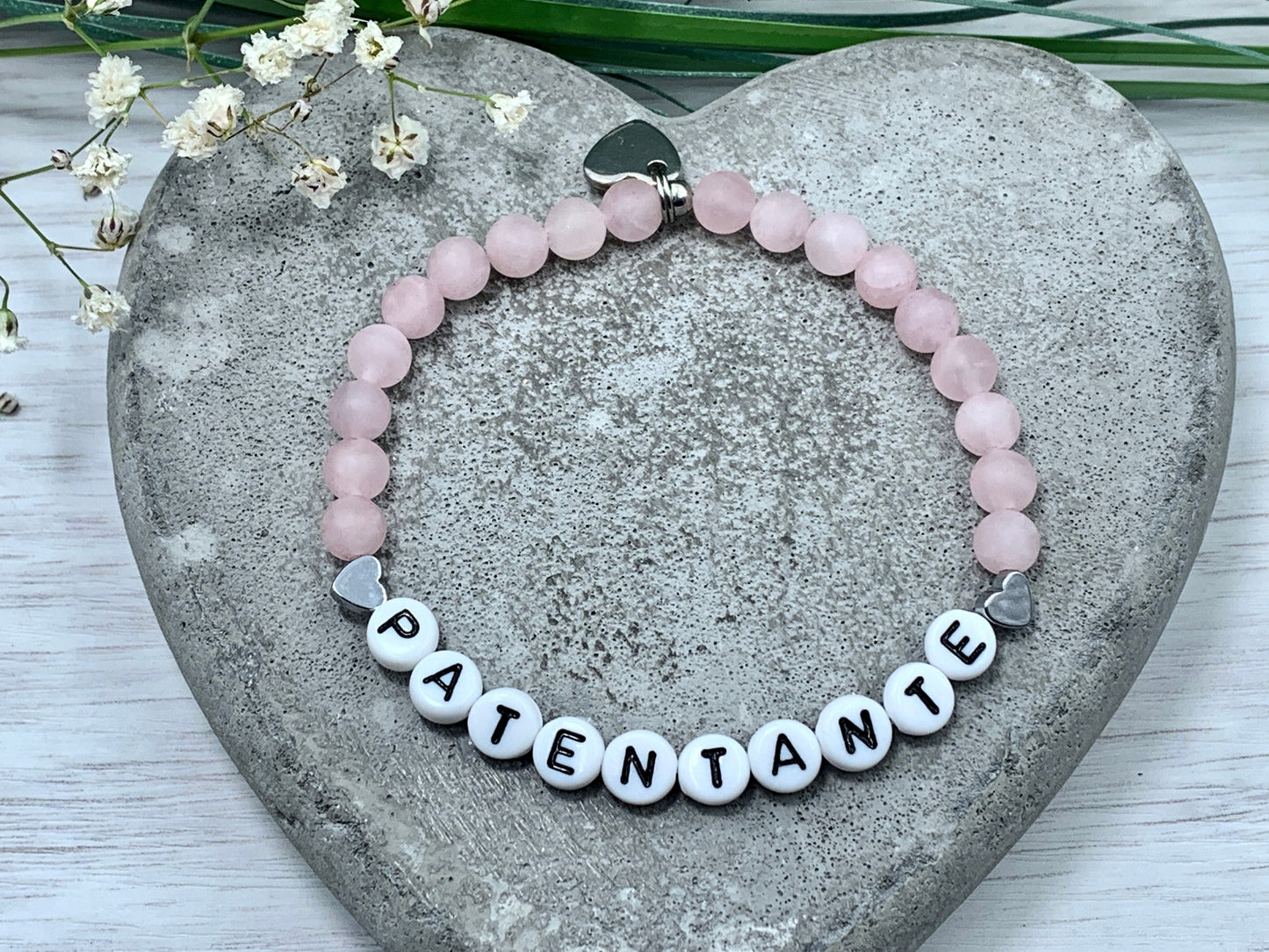 Armband Patentante Rosenquarz - Geschenk Patin Taufe Andenken Taufe Taufgeschenk Perlenarmband Patenschaft - personalisierbar