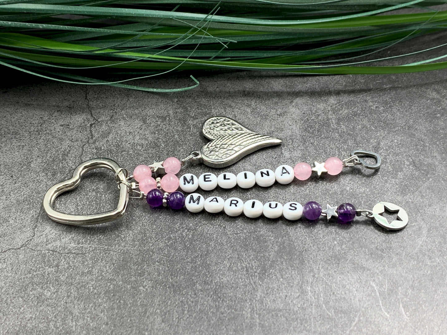 Schlüsselanhänger Name Kinder Amethyst und Rosenquarz bis 5 Namen - Geschenk Mama Liebe Lieblingsmensch Geburtstag - Edelsteine wählbar