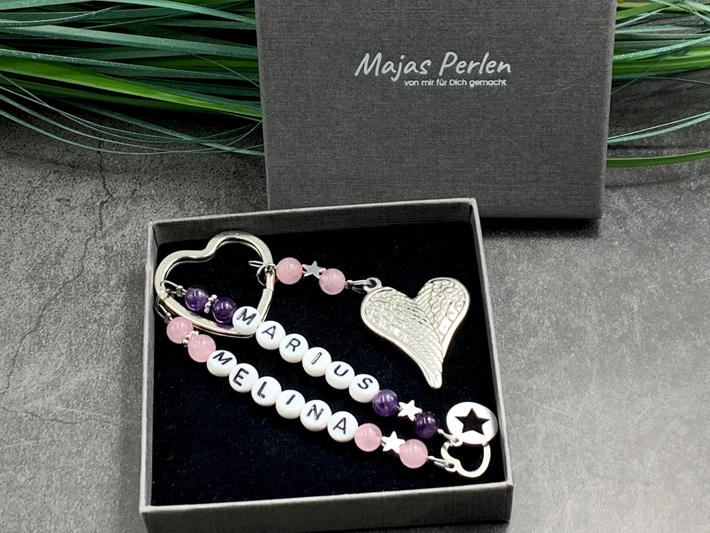 Schlüsselanhänger Name Kinder Amethyst und Rosenquarz bis 5 Namen - Geschenk Mama Liebe Lieblingsmensch Geburtstag - Edelsteine wählbar