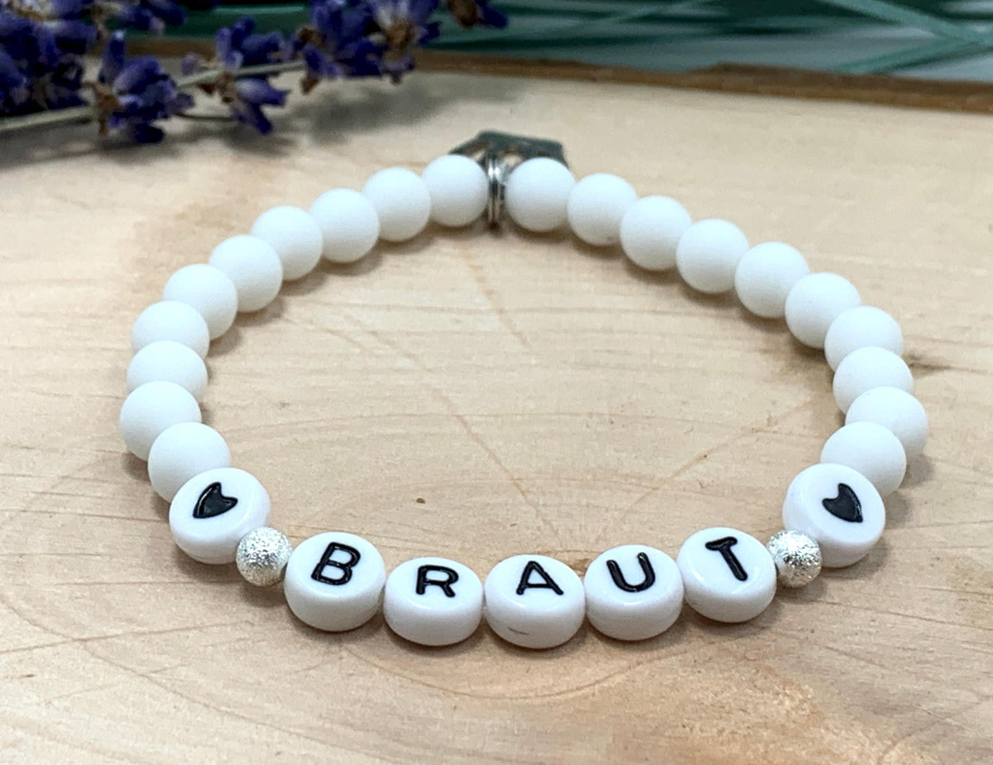 Armband Braut Weiß - Perlen Acryl 6 mm - Farbwunsch - Geschenk für Junggesellinnenabschied JGA Trauzeugin Brautjungfer - anpassbar