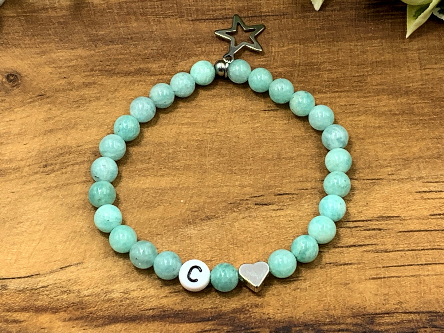 Armband Initialen Amazonit echte Edelsteine Herz platiniert - Namensarmband Geschenk Liebe Mama Lieblingsmensch Geburt - personalisierbar
