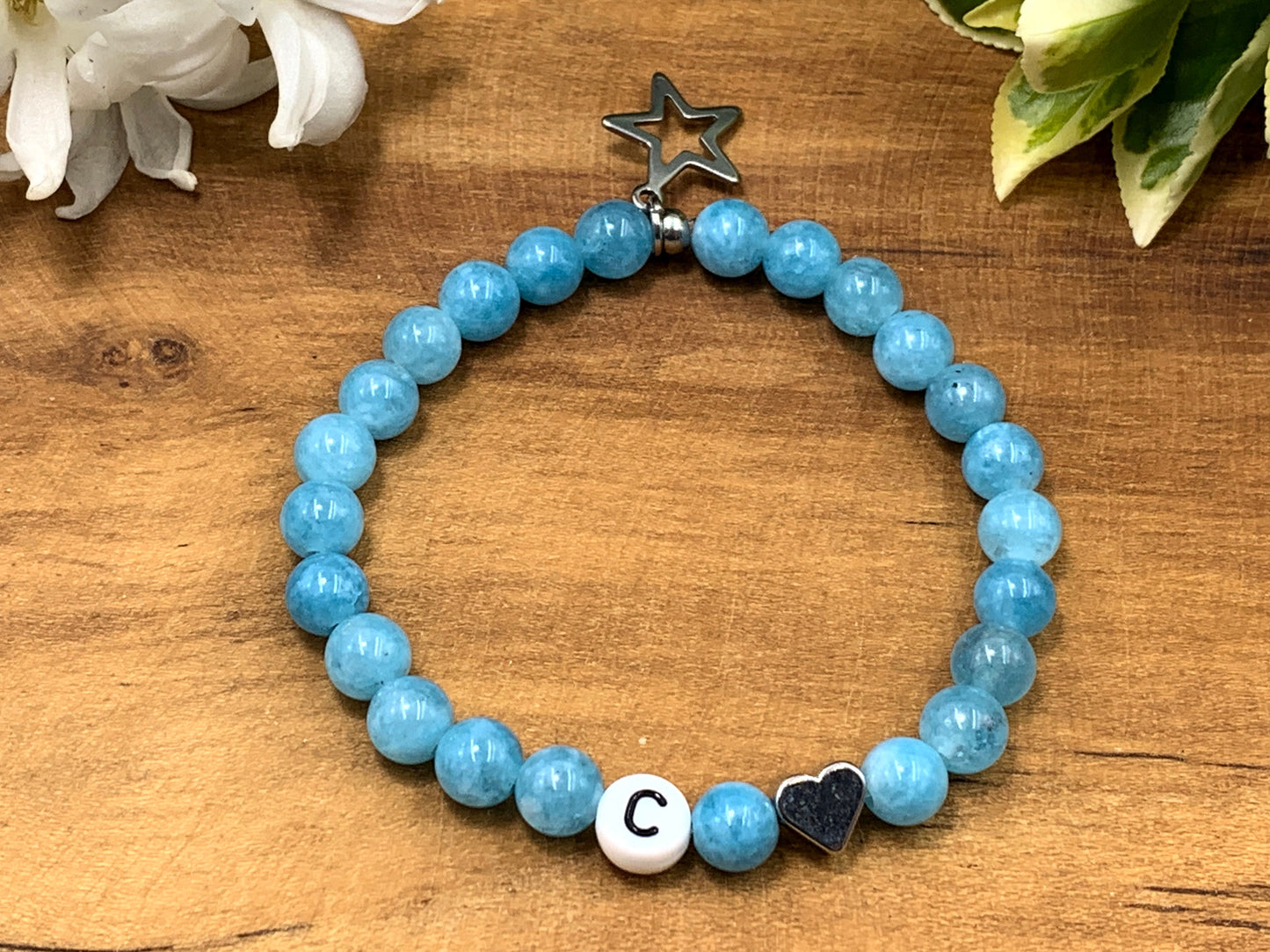 Armband Initialen Aquamarin echte Naturperlen Herz platiniert - Namensarmband Geschenk Freundin Mama Lieblingsmensch - personalisierbar