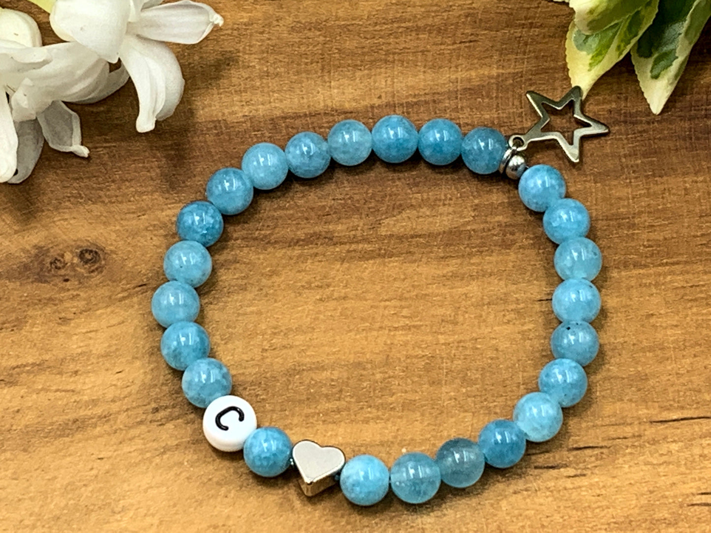 Armband Initialen Aquamarin echte Naturperlen Herz platiniert - Namensarmband Geschenk Freundin Mama Lieblingsmensch - personalisierbar
