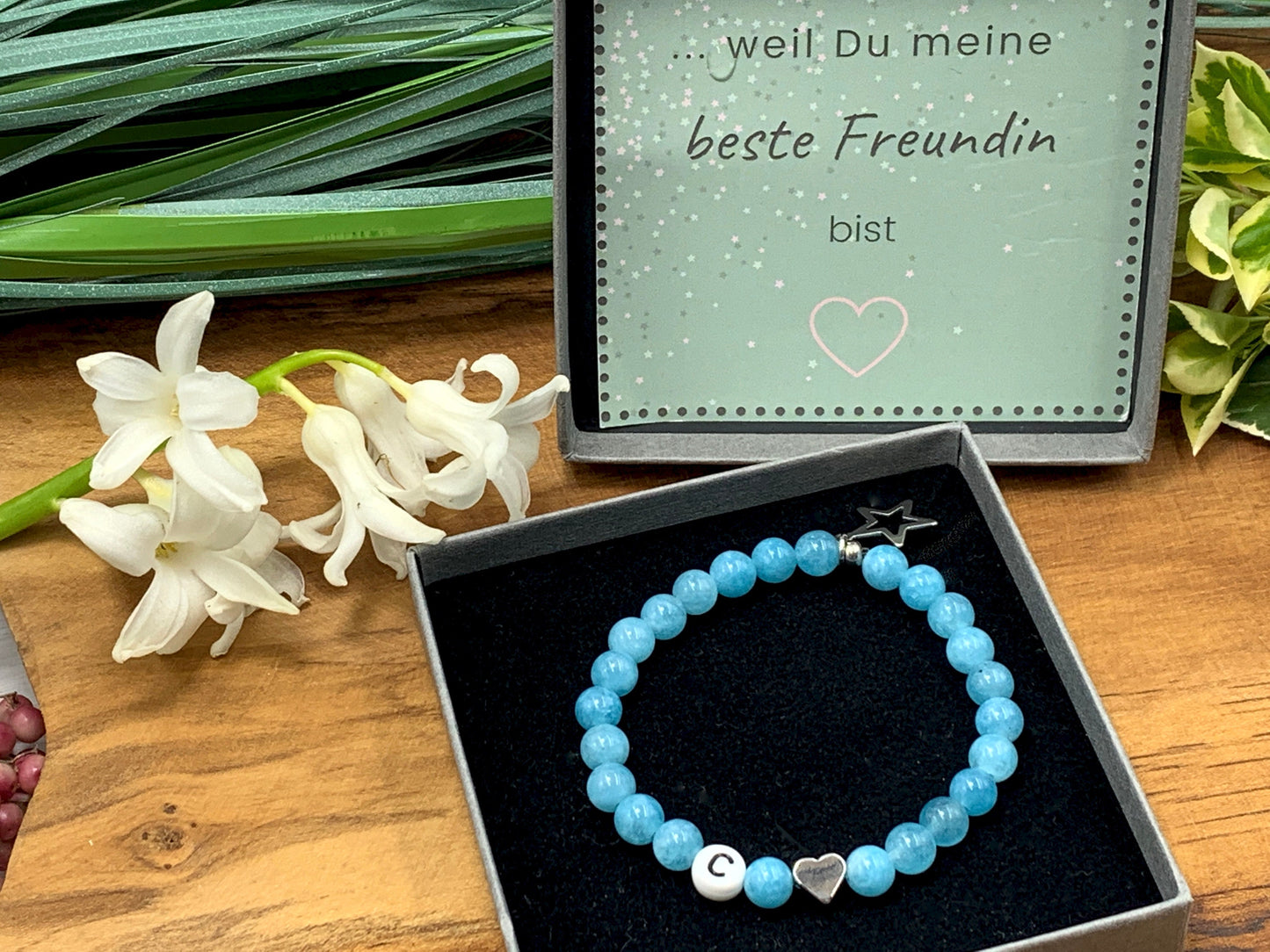 Armband Initialen Aquamarin echte Naturperlen Herz platiniert - Namensarmband Geschenk Freundin Mama Lieblingsmensch - personalisierbar