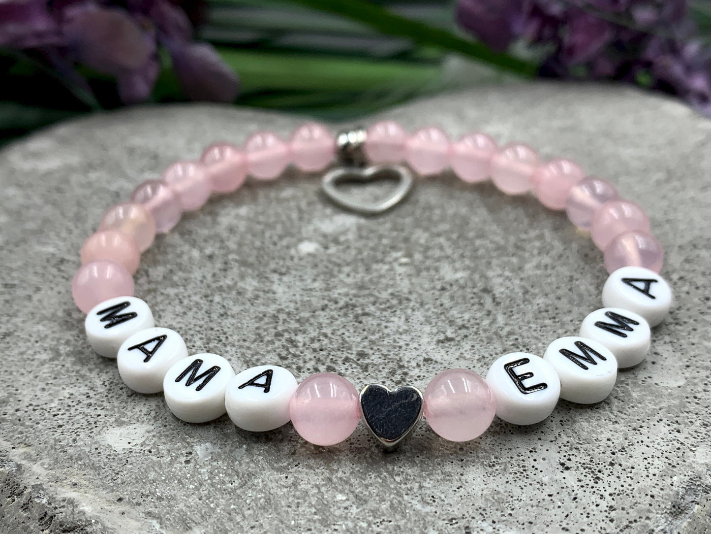 Armband Rosenquarz Mama und Kindername Herz echt platiniert - Geschenk Schwangerschaft Baby Geburt Mädchenarmband - personalisierbar