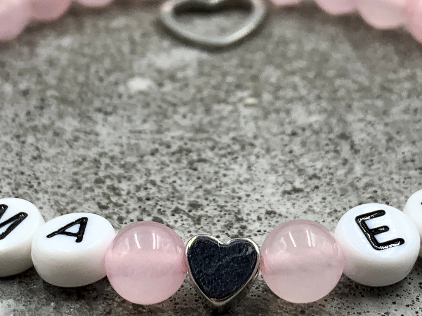 Armband Rosenquarz Mama und Kindername Herz echt platiniert - Geschenk Schwangerschaft Baby Geburt Mädchenarmband - personalisierbar