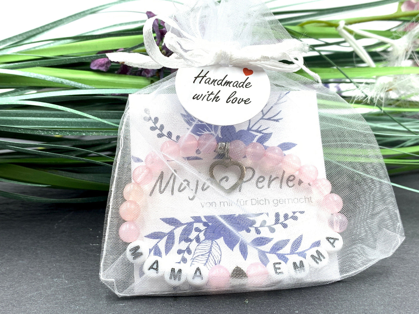 Armband Rosenquarz Mama und Kindername Herz echt platiniert - Geschenk Schwangerschaft Baby Geburt Mädchenarmband - personalisierbar