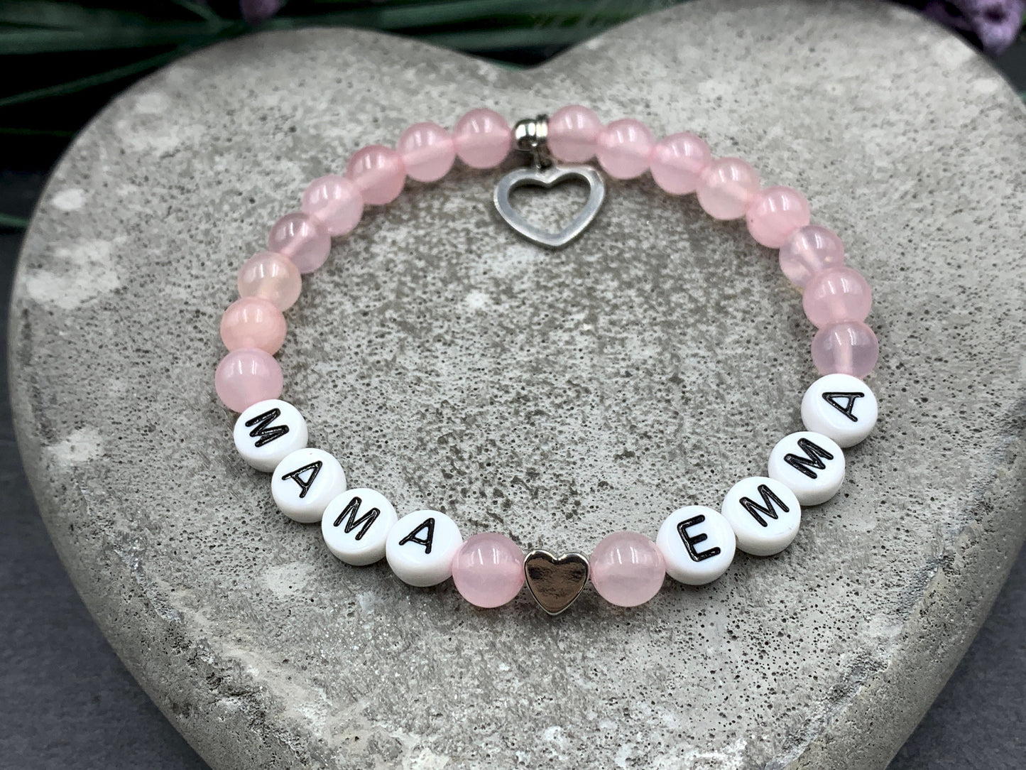 Armband Rosenquarz Mama und Kindername Herz echt platiniert - Geschenk Schwangerschaft Baby Geburt Mädchenarmband - personalisierbar