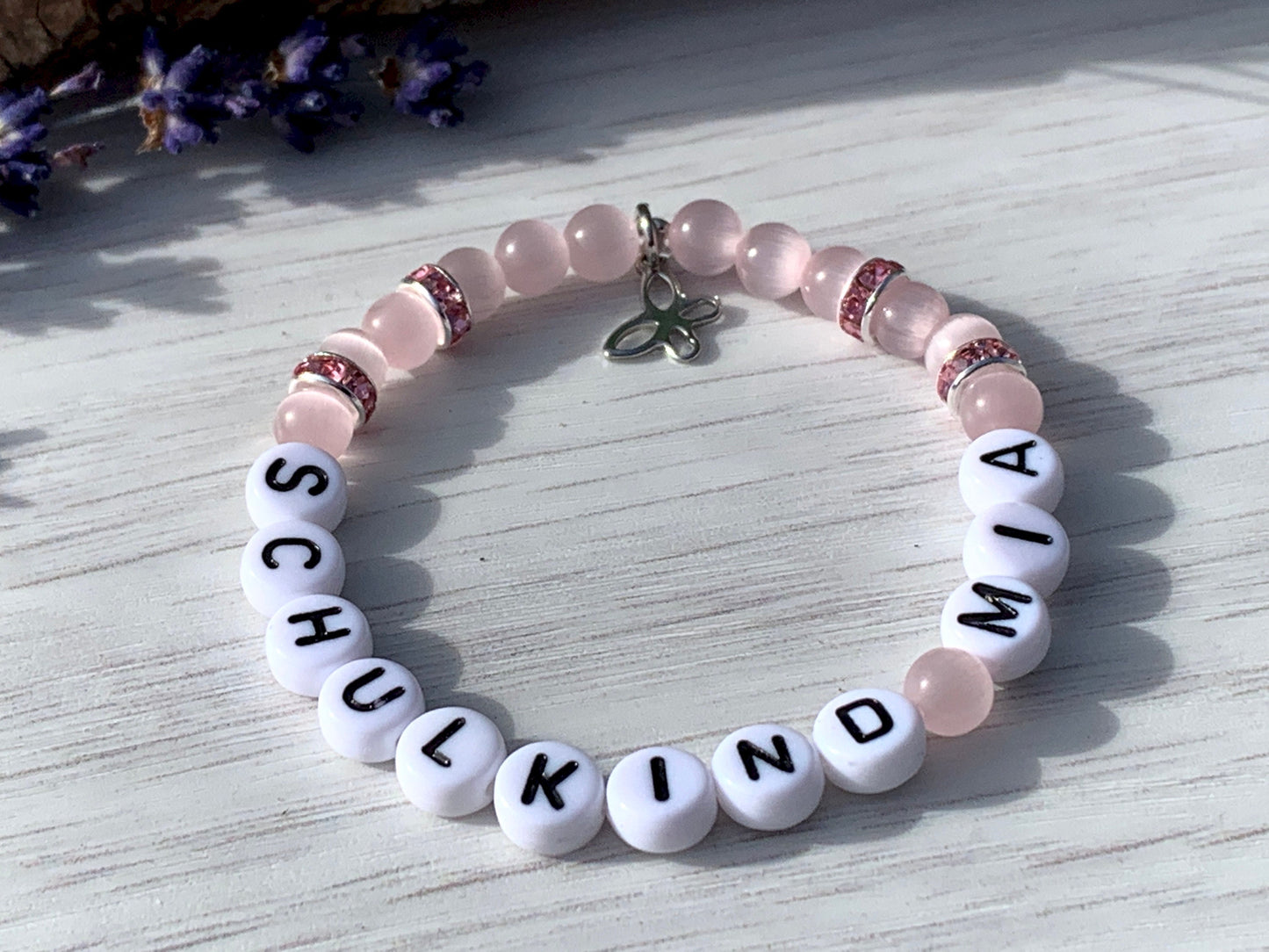 Armband Schulkind Mädchen Cateyeperlen Strassrondelle Rosa - Geschenk erster Schultag Glücksbringer Armband Mädchen - Farbe wählbar