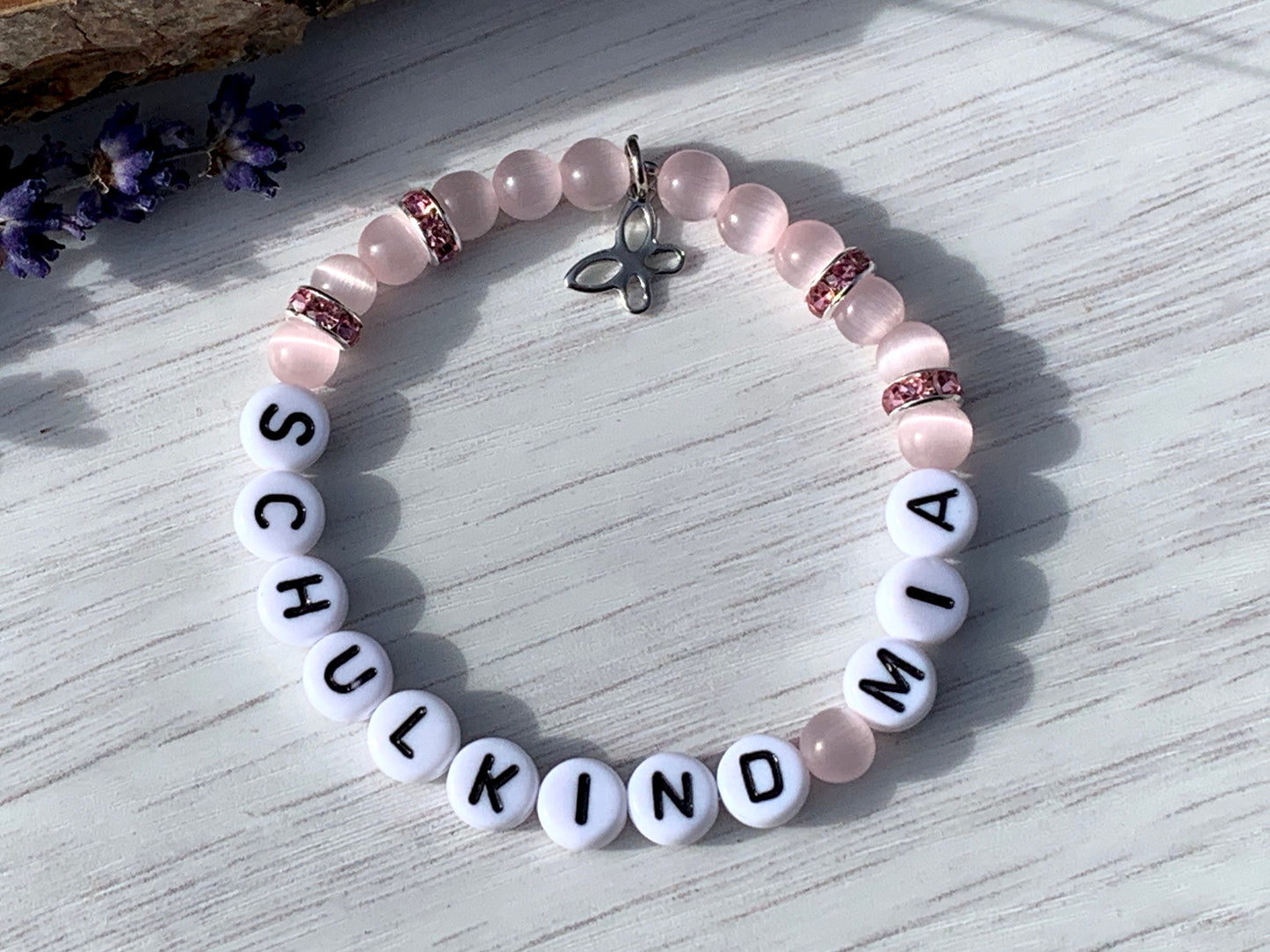 Armband Schulkind Mädchen Cateyeperlen Strassrondelle Rosa - Geschenk erster Schultag Glücksbringer Armband Mädchen - Farbe wählbar