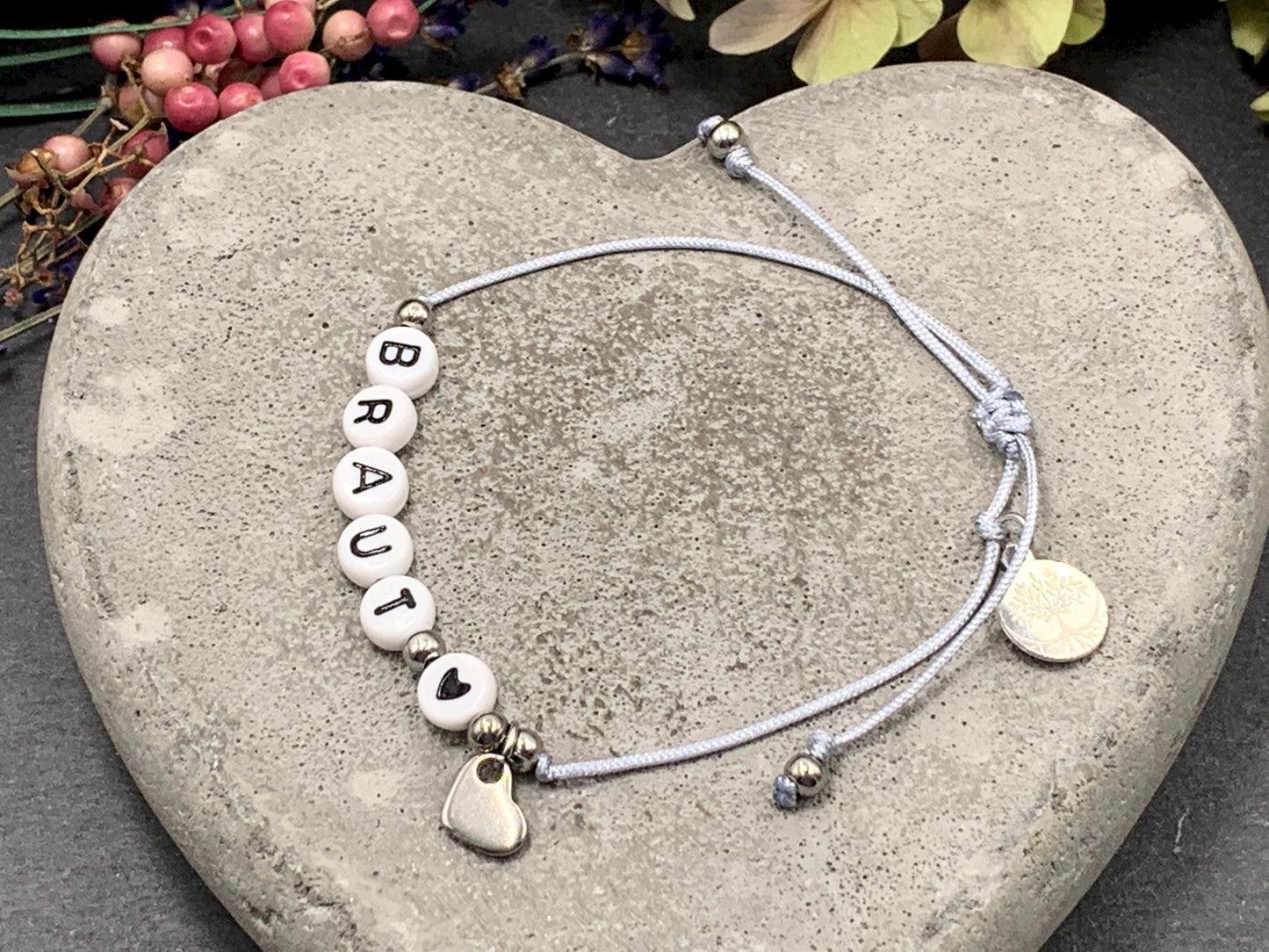 Armband Makramee Braut Silbergrau Perlen Edelstahl - Größe einstellbar - Geschenk JGA Team Braut Andenken Hochzeit Trauzeugin - viele Farben