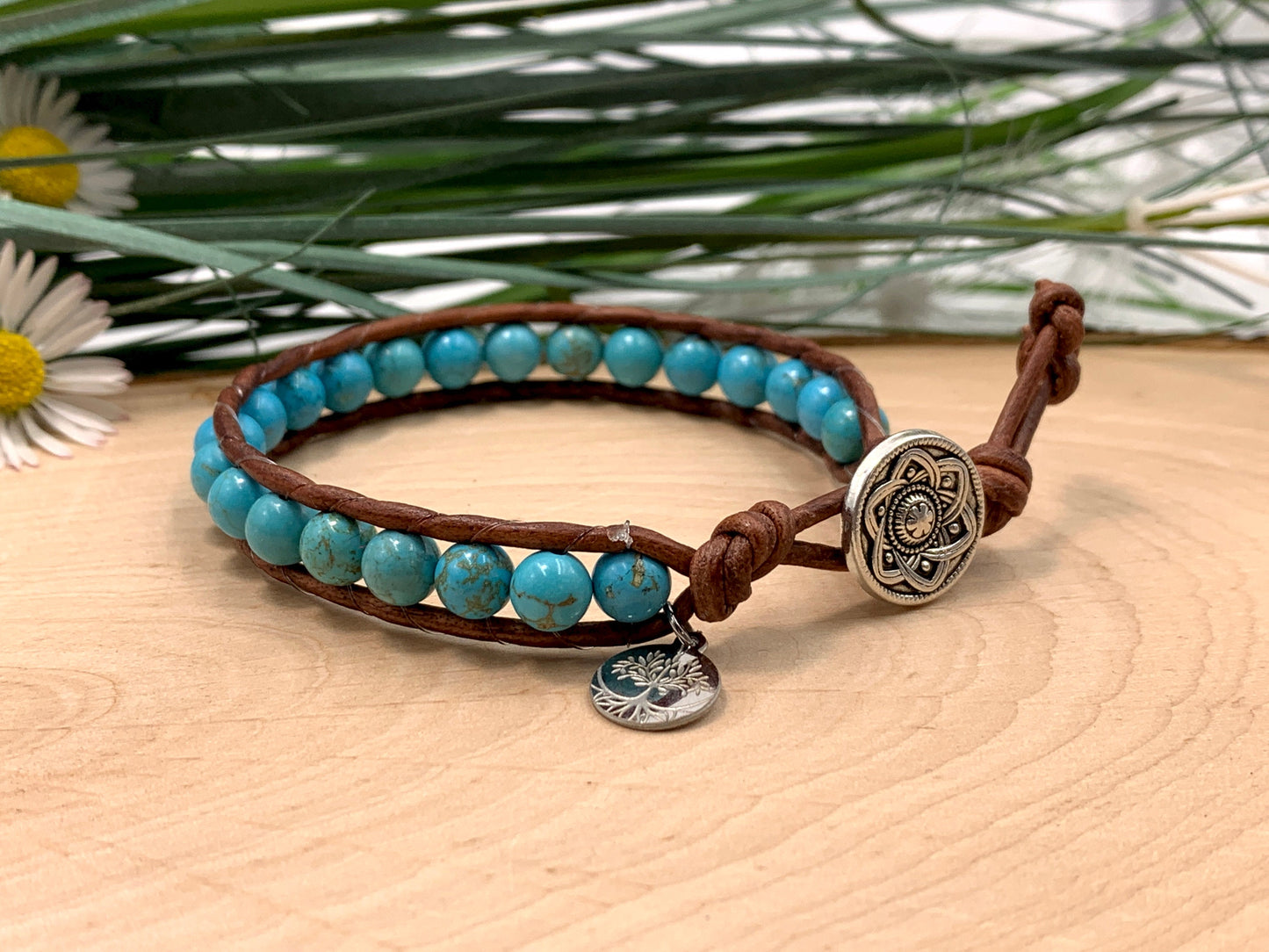 Armband gewickelt Türkis und Leder -Wickelarmband Bohoarmband Lebensbaum - Geschenk Geburtstag Lieblingsmensch - Wunschedelstein