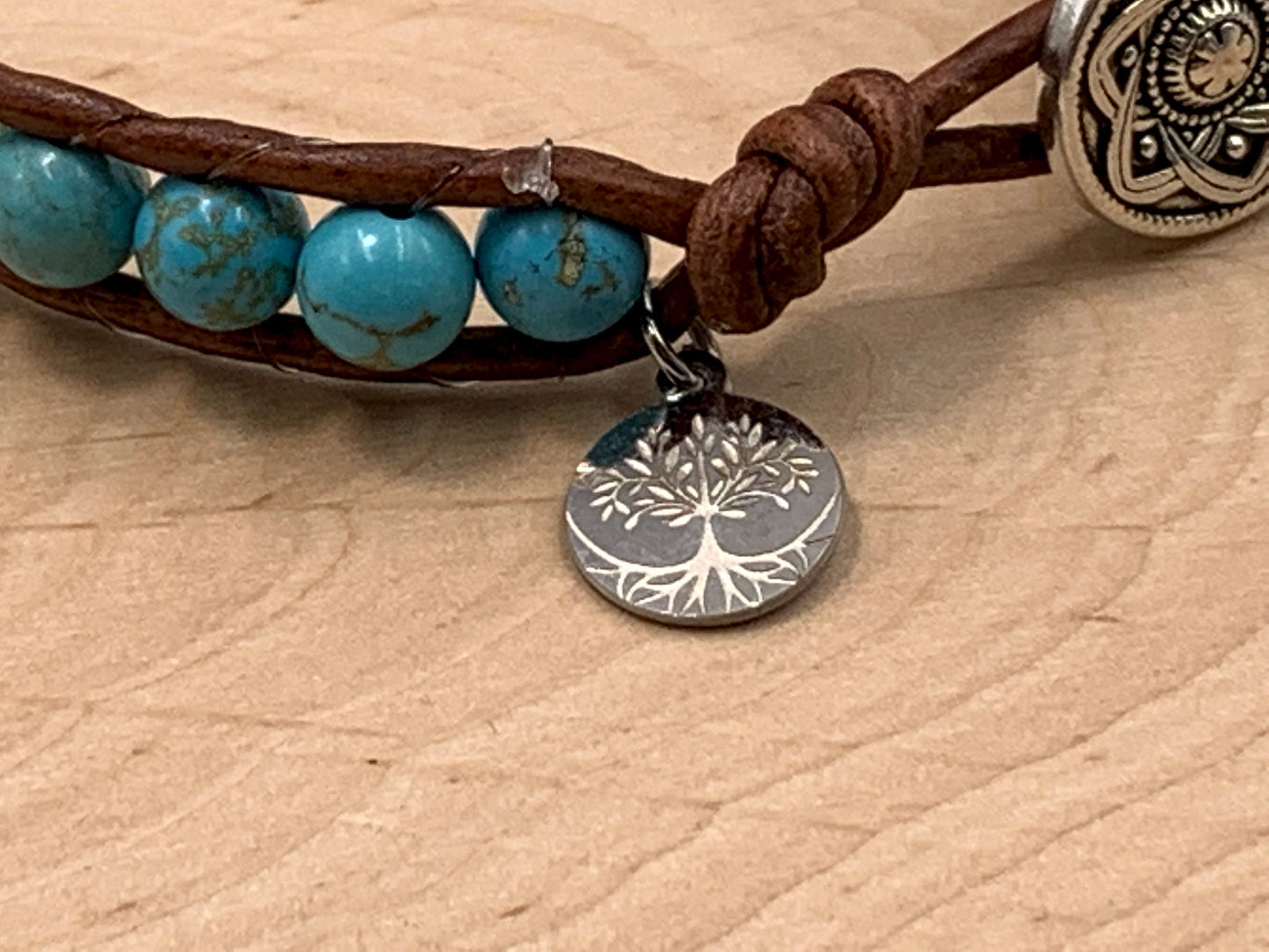 Armband gewickelt Türkis und Leder -Wickelarmband Bohoarmband Lebensbaum - Geschenk Geburtstag Lieblingsmensch - Wunschedelstein