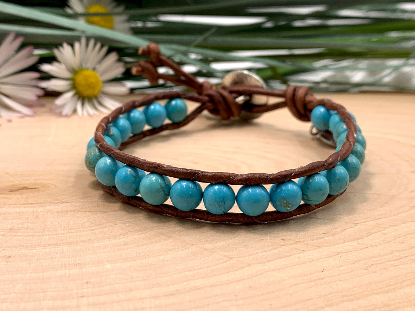 Armband gewickelt Türkis und Leder -Wickelarmband Bohoarmband Lebensbaum - Geschenk Geburtstag Lieblingsmensch - Wunschedelstein