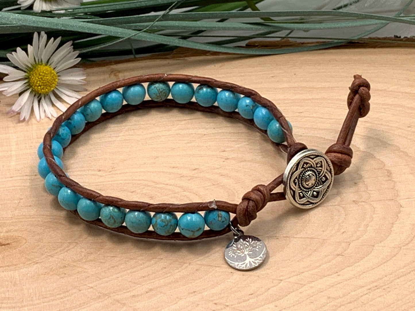 Armband gewickelt Türkis und Leder -Wickelarmband Bohoarmband Lebensbaum - Geschenk Geburtstag Lieblingsmensch - Wunschedelstein
