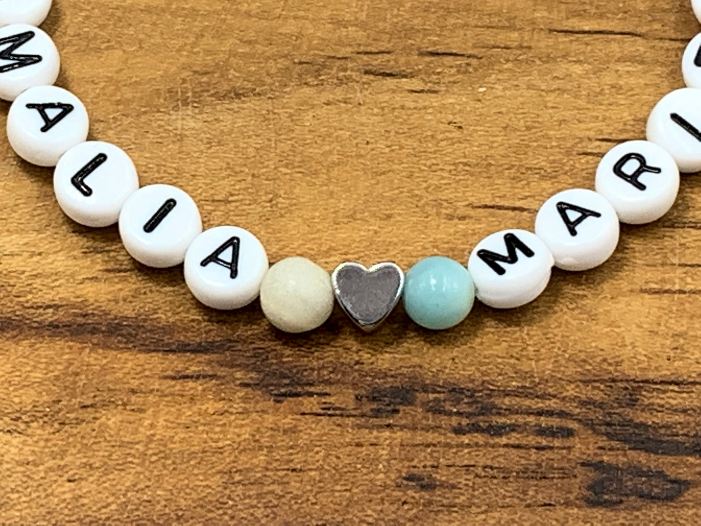 Armband Namen der Kinder Amazonit Herz platiniert - Namensarmband Geschenk zur Geburt oder Taufe - personalisierbar diverse Edelsteine Edelstein nach Wahl - Handmade personalisierbar