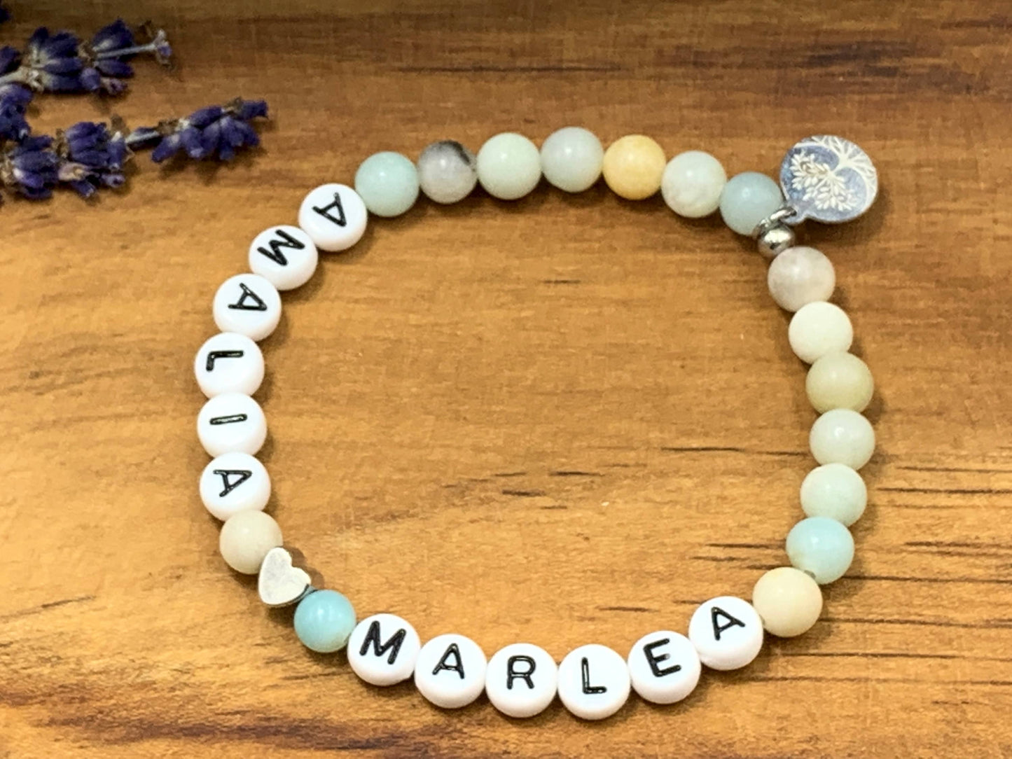 Armband Namen der Kinder Amazonit Herz platiniert - Namensarmband Geschenk zur Geburt oder Taufe - personalisierbar diverse Edelsteine Edelstein nach Wahl - Handmade personalisierbar