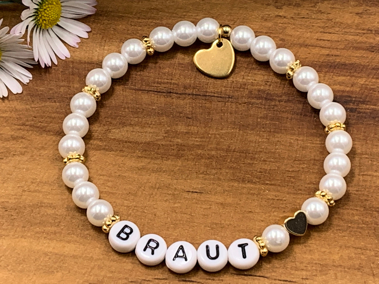 Perlenarmband Braut gewachste Glasperlen Perlmuttimitat Gold - Geschenk Brautmama Brautjungfer Erinnerungsarmband Hochzeit
