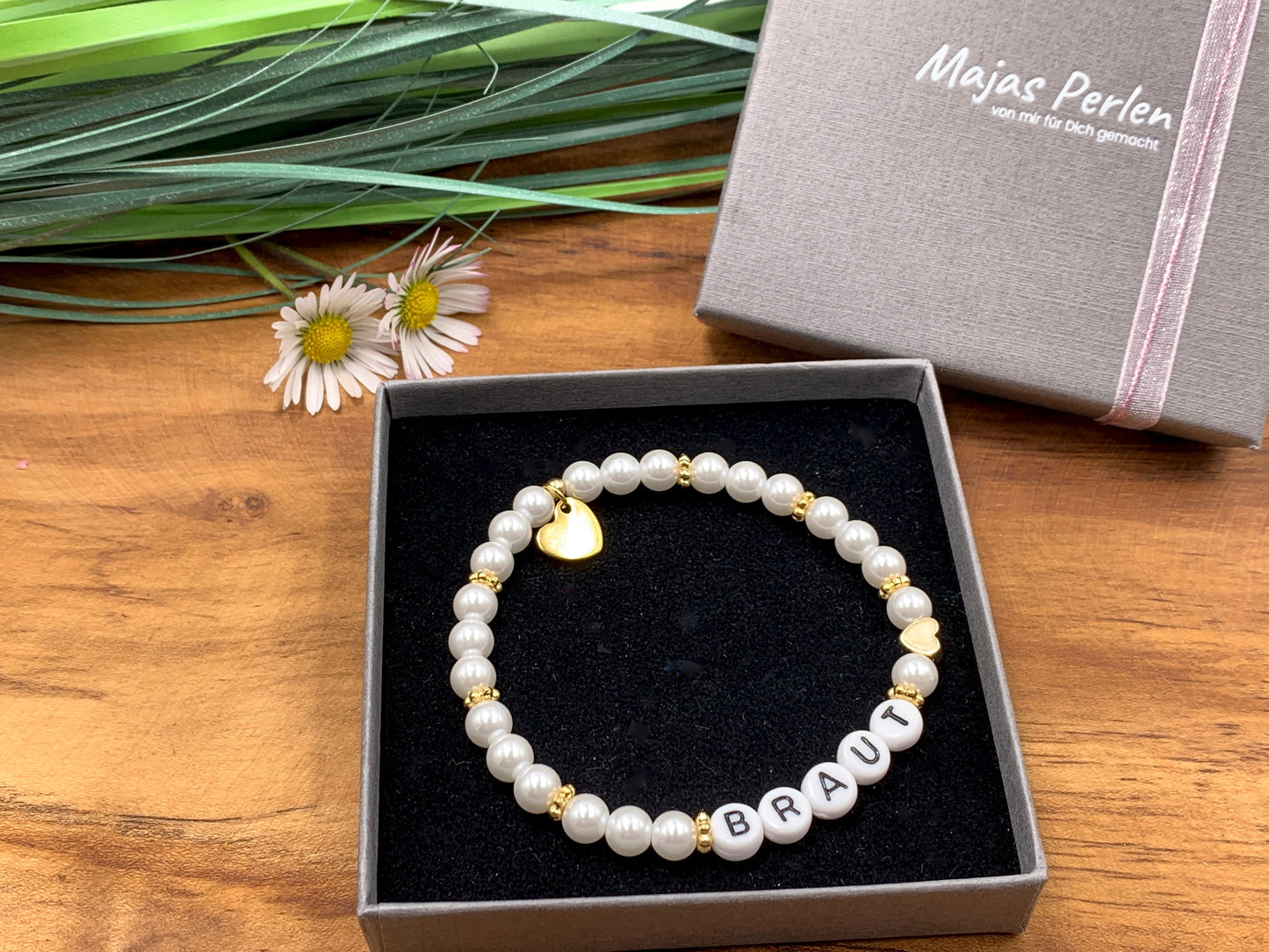 Perlenarmband Braut gewachste Glasperlen Perlmuttimitat Gold - Geschenk Brautmama Brautjungfer Erinnerungsarmband Hochzeit