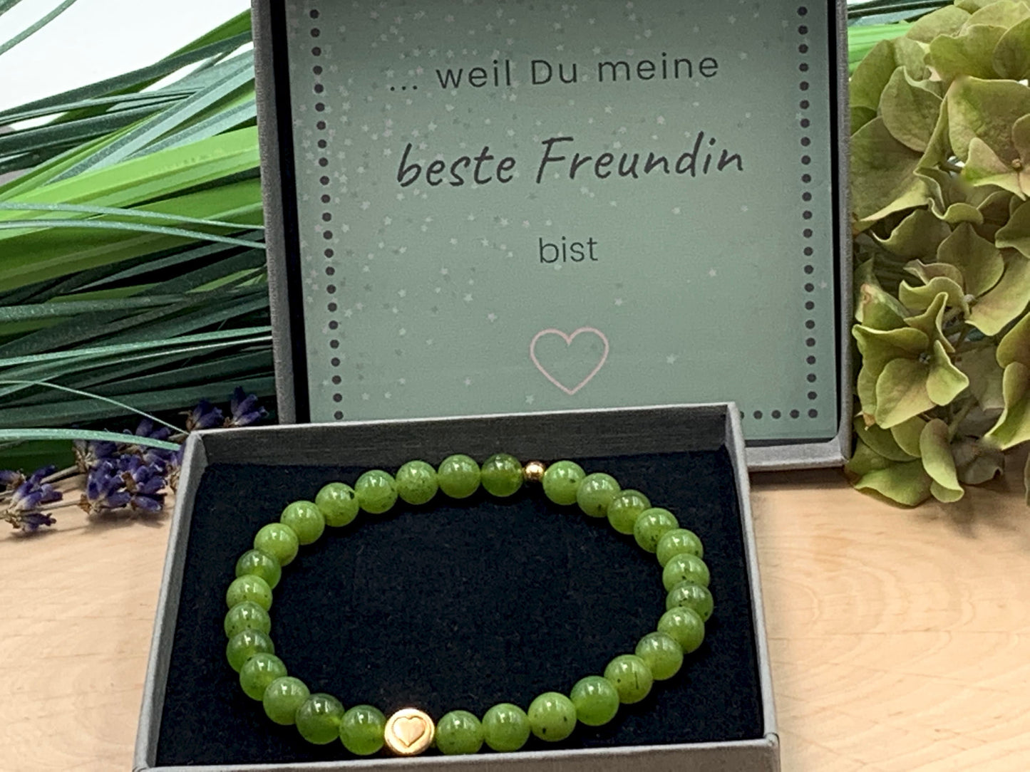 Armband Nephrit Kanada Jade echter Naturstein Herz DQ - Silber Gold Roségold Gunmetal - spirituelles Armband - Geschenk Liebe Glück Freundin