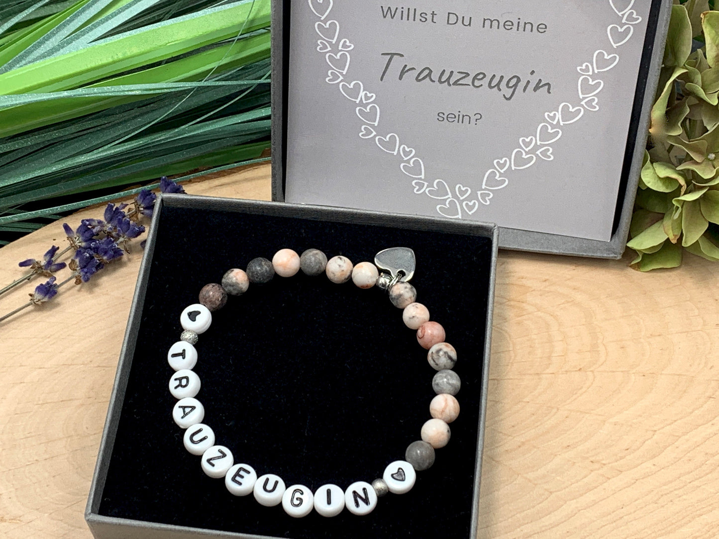 Armband Trauzeugin Zebra Jaspis echte Natursteine - Geschenk Brautjungfer Team Braut JGA heiraten - viele Edelsteine personalisierbar